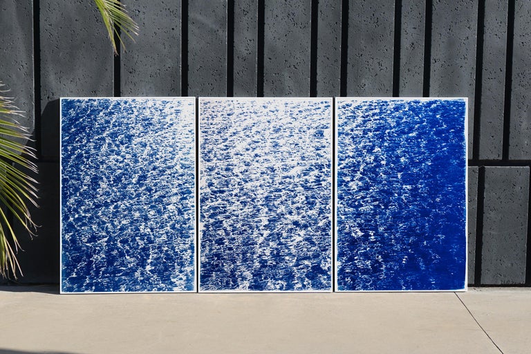 French Riviera Cove, Nautical Abstract Seascape Triptych, Blue Cyanotype Print For Sale 1