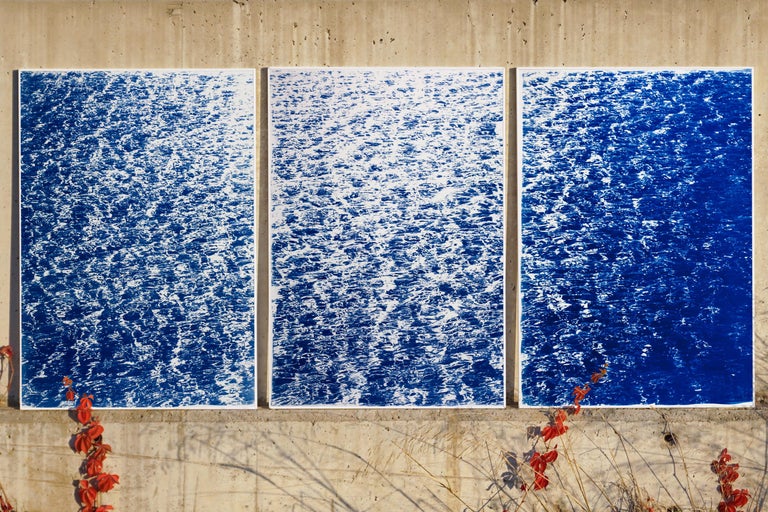 French Riviera Cove, Nautical Abstract Seascape Triptych, Blue Cyanotype Print For Sale 2