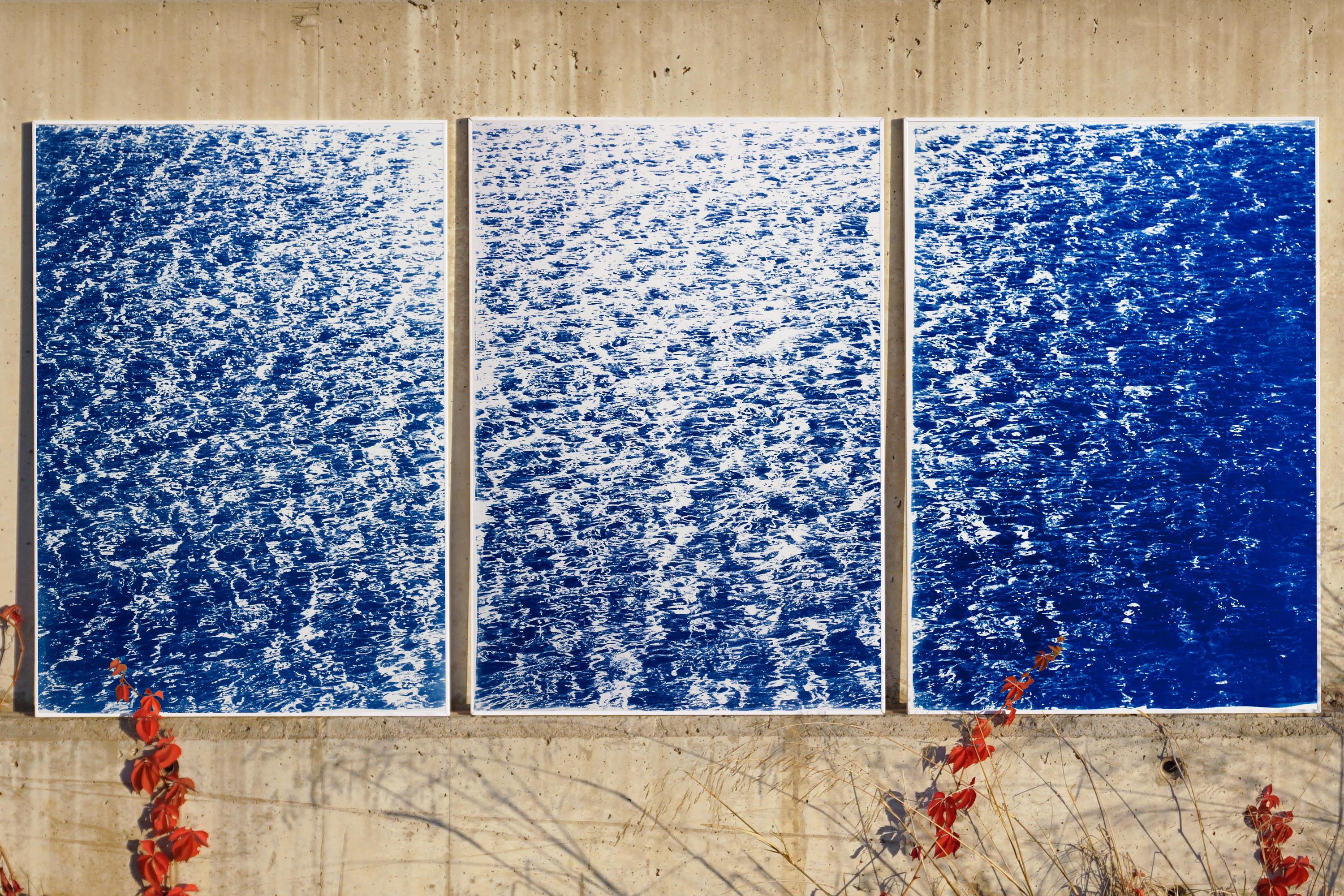 French Riviera Cove, Nautical Abstract Seascape Triptych, Blue Cyanotype Print 1