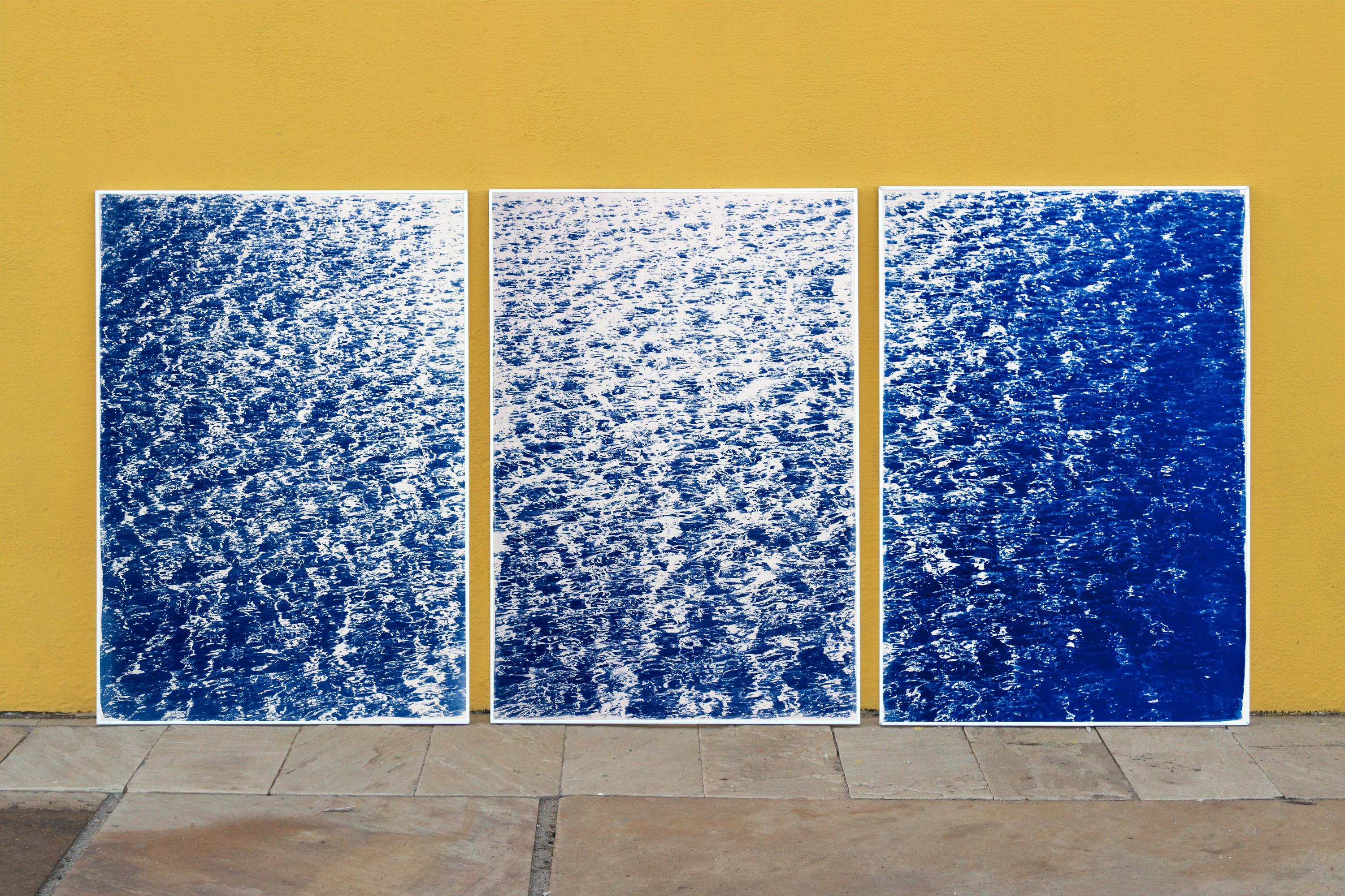 French Riviera Cove, Nautical Abstract Seascape Triptych, Blue Cyanotype Print 2