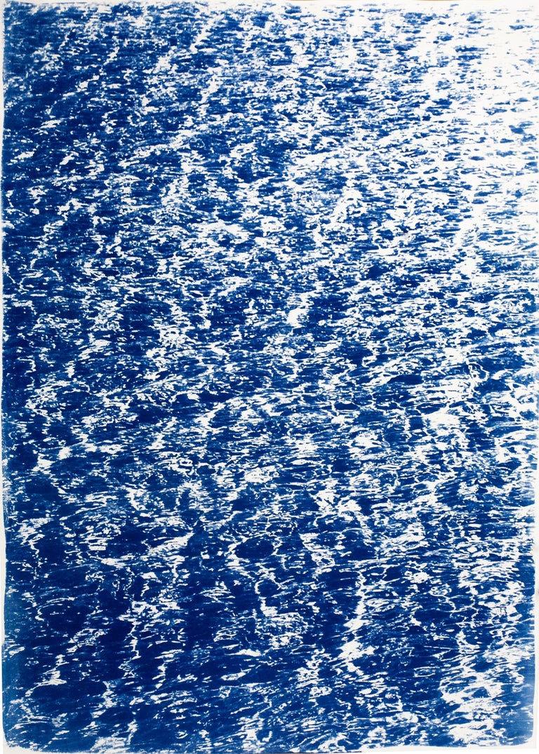 French Riviera Cove, Nautical Abstract Seascape Triptych, Blue Cyanotype Print For Sale 4
