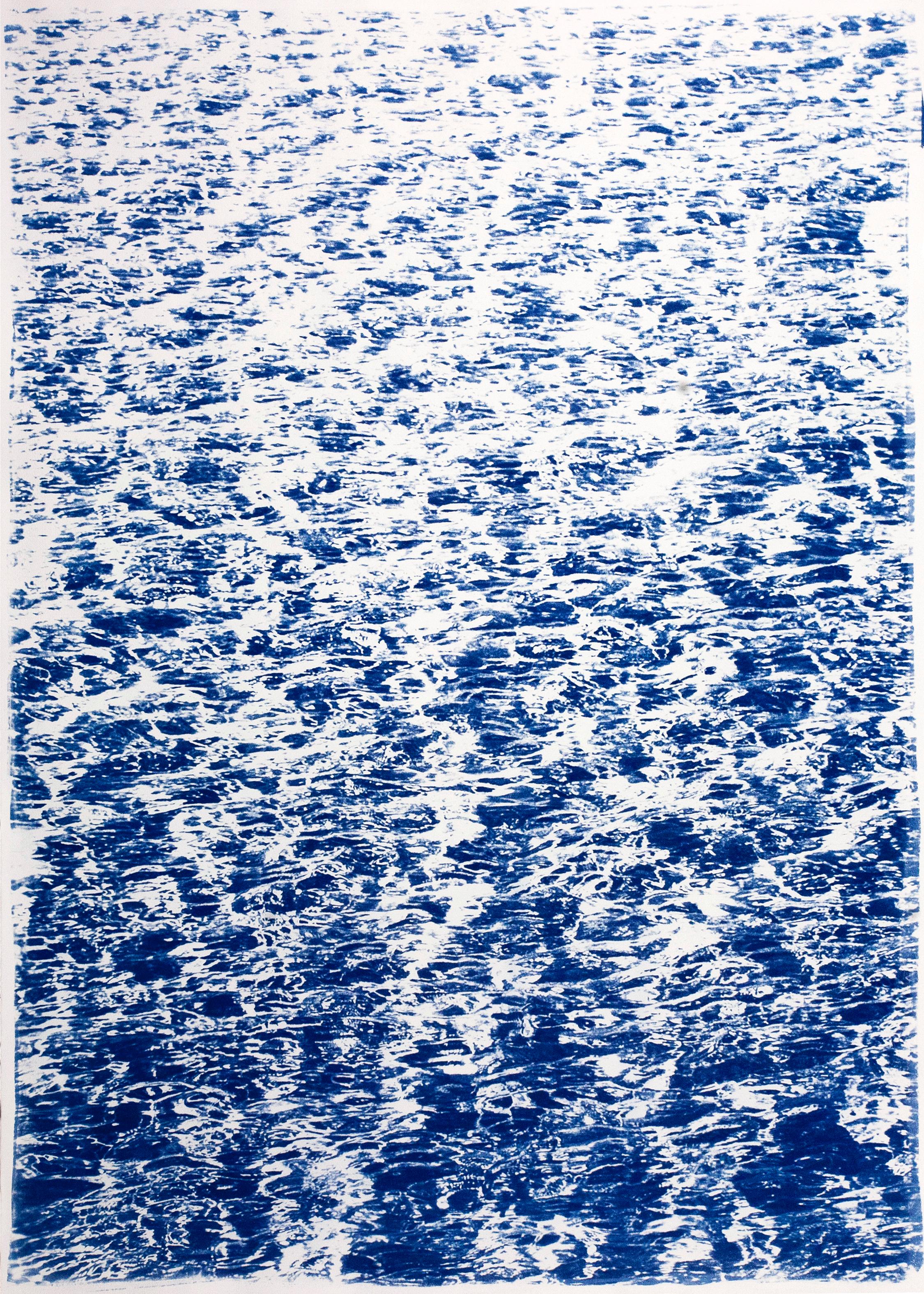 French Riviera Cove, Nautical Abstract Seascape Triptych, Blue Cyanotype Print 4