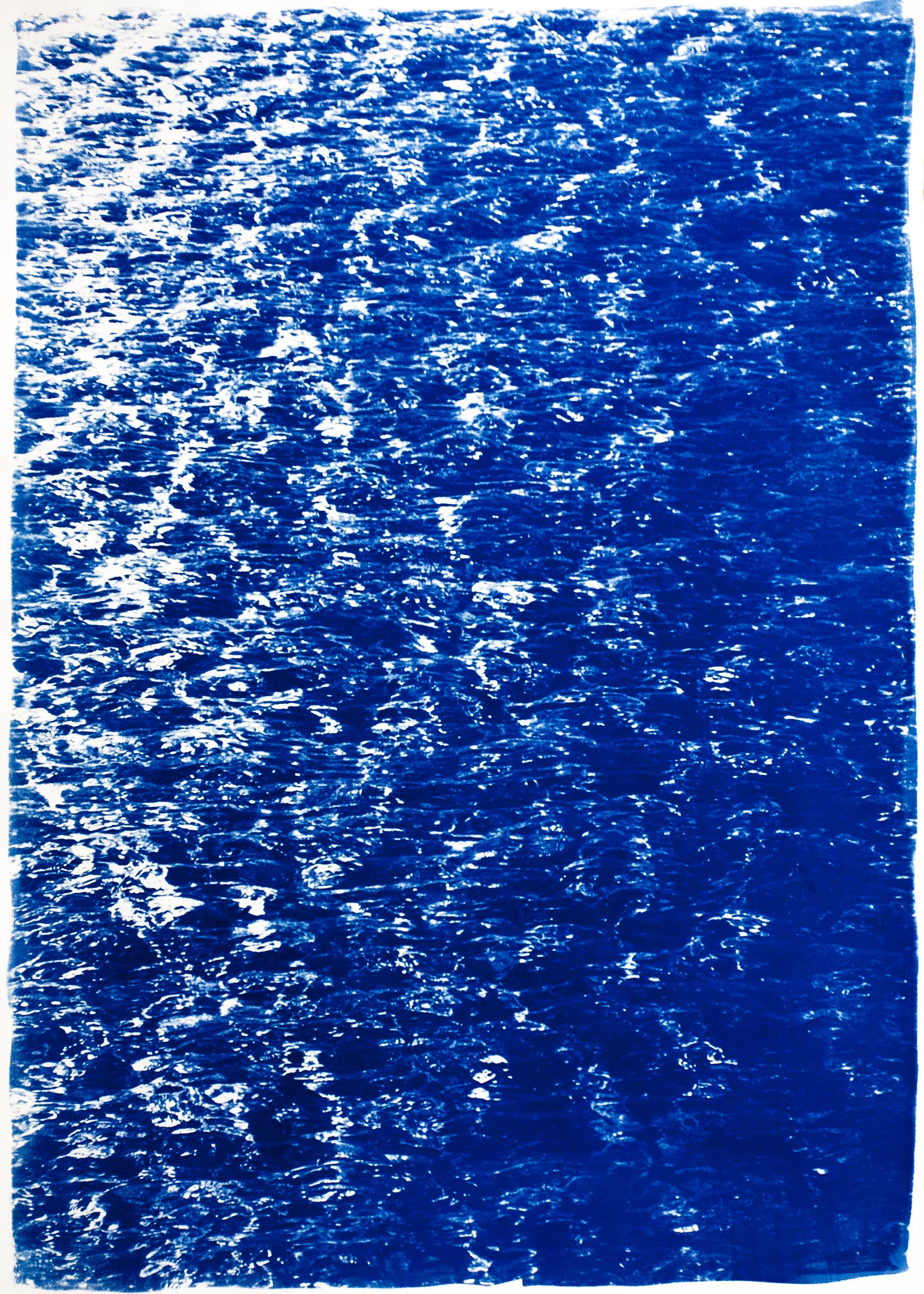 French Riviera Cove, Nautical Abstract Seascape Triptych, Blue Cyanotype Print 5