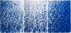 Französische Riviera Cove, nautische abstrakte Meereslandschaft, Triptychon, blauer Zyanotyp-Druck
