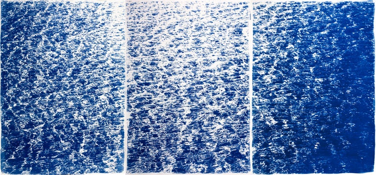 Kind of Cyan Abstract Print - French Riviera Cove, Nautical Abstract Seascape Triptych, Blue Cyanotype Print