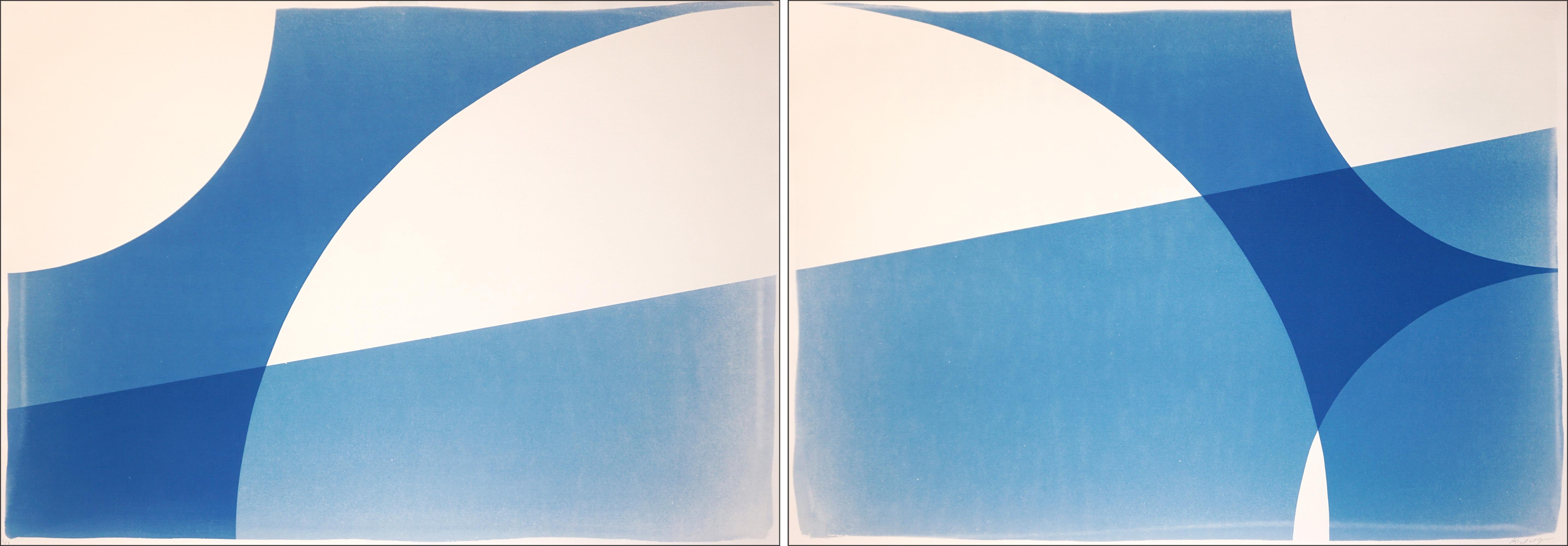 Geometric Astronomy, Minimalist Monotype Cyanotype in Blue Tones, Maths on Art