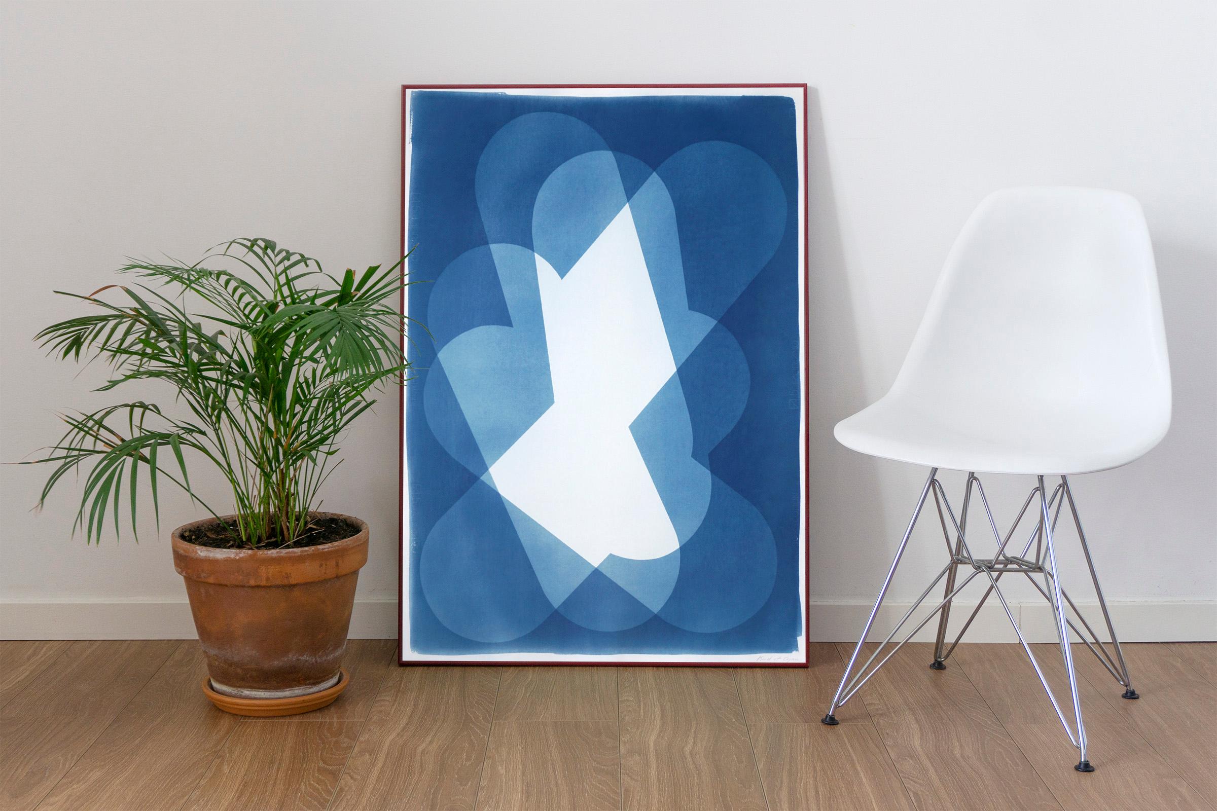 Geometric Cloud, White and Blue Handmade Monotype on Watercolor Paper, Cutout  - Abstract Geometric Photograph by Kind of Cyan