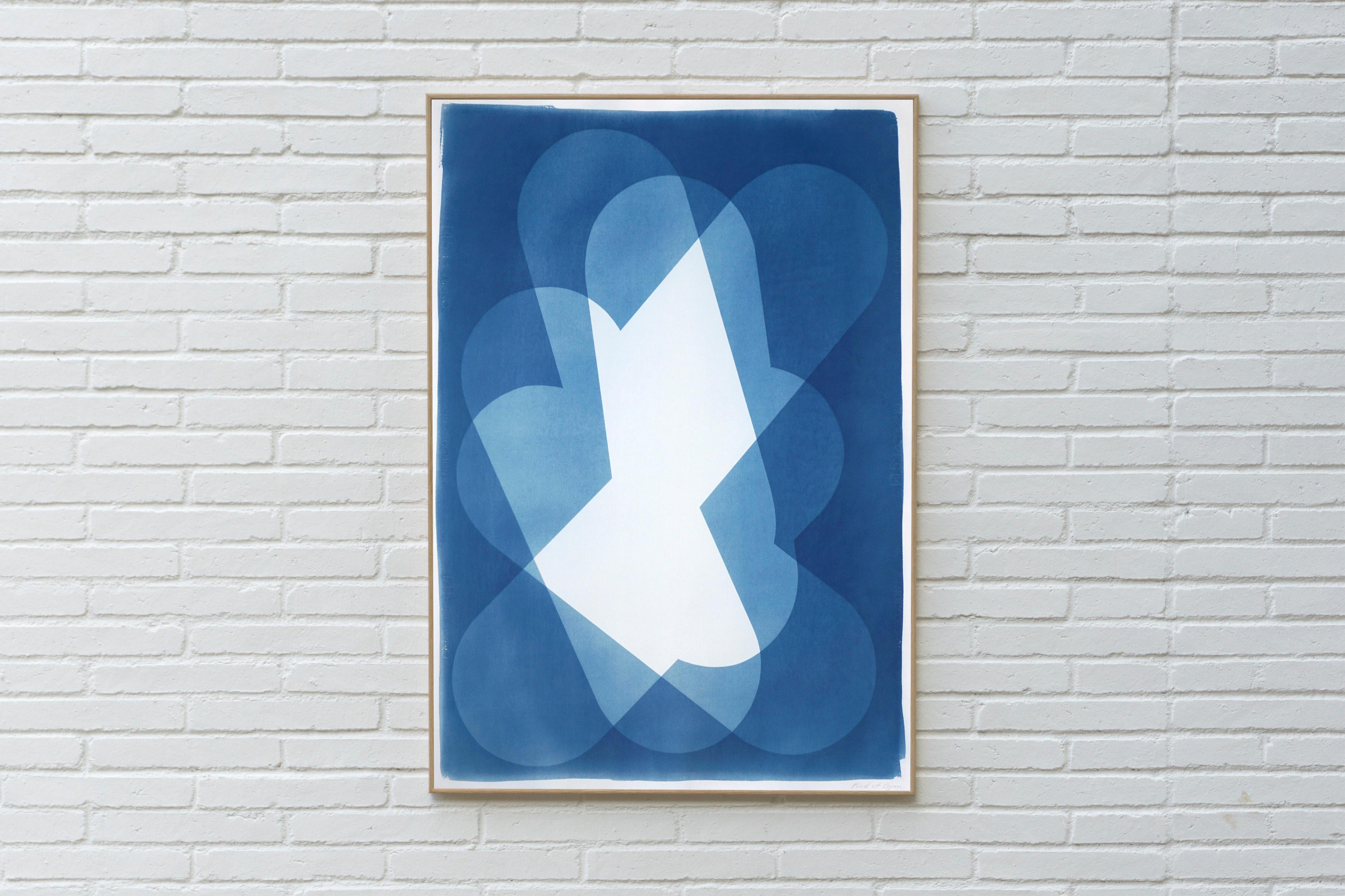 Geometric Cloud, White and Blue Handmade Monotype on Watercolor Paper, Cutout  For Sale 1
