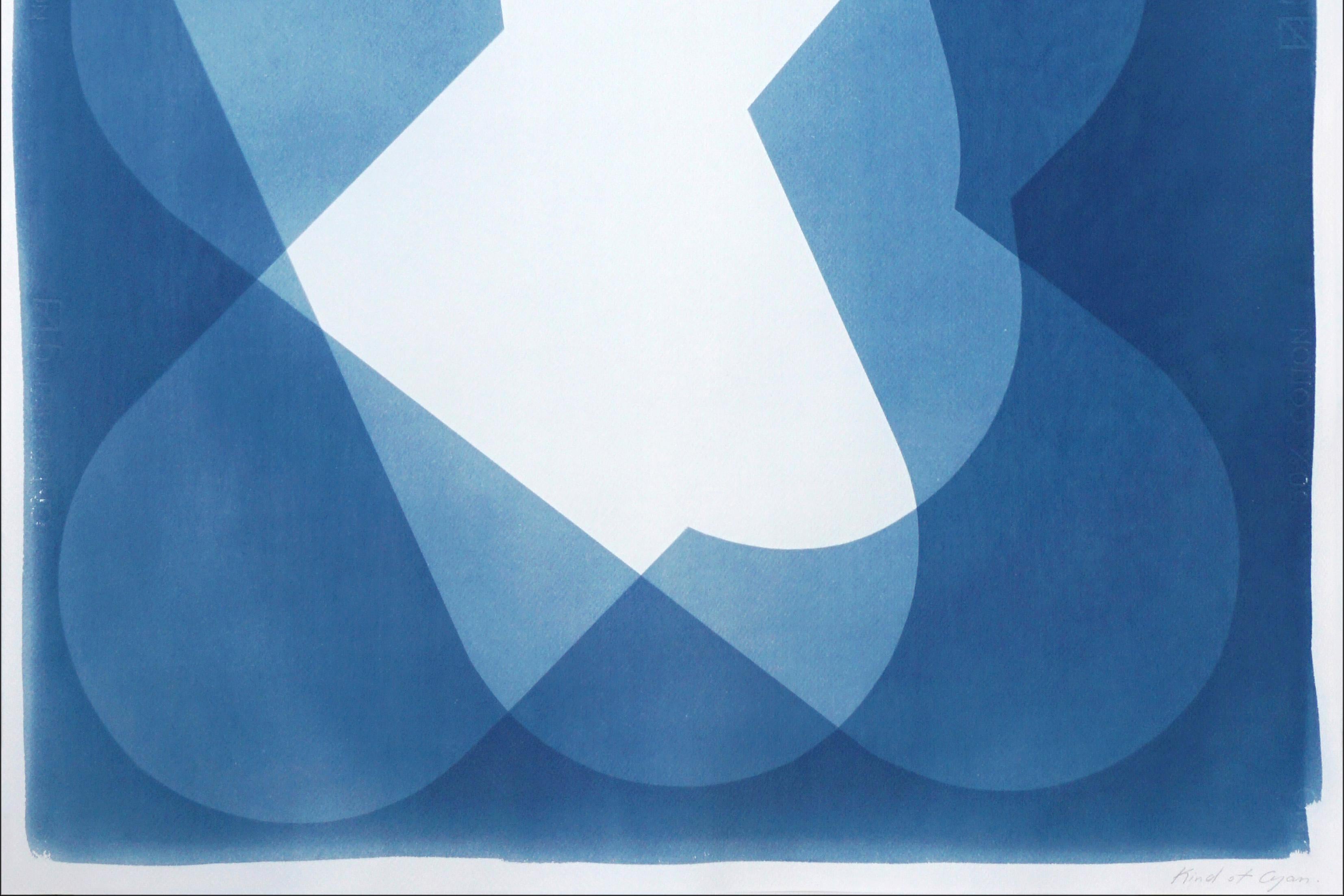 Geometric Cloud, White and Blue Handmade Monotype on Watercolor Paper, Cutout  For Sale 2