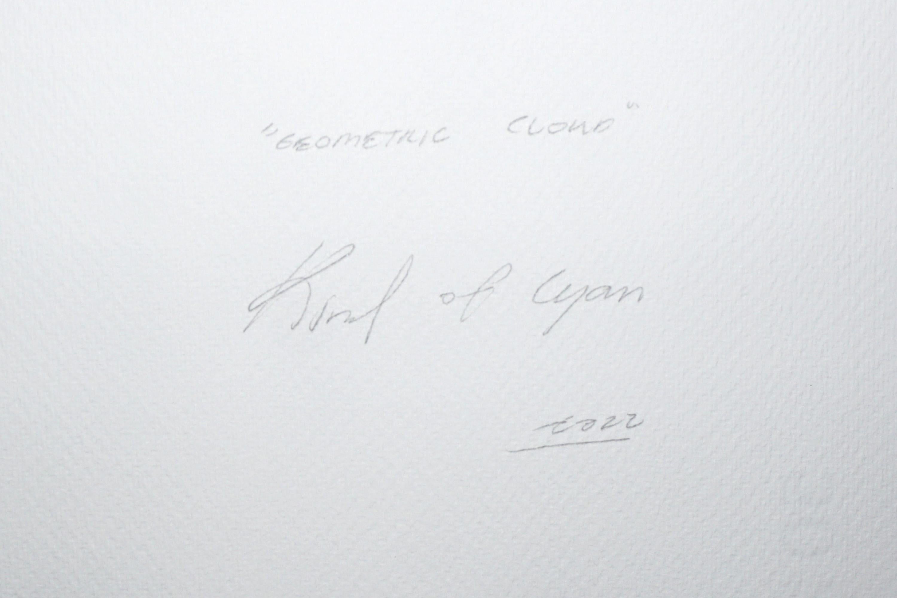 Geometrische Wolke, Weiß und Blau Handgefertigte Monotypie auf Aquarellpapier, Ausschnitt  im Angebot 4