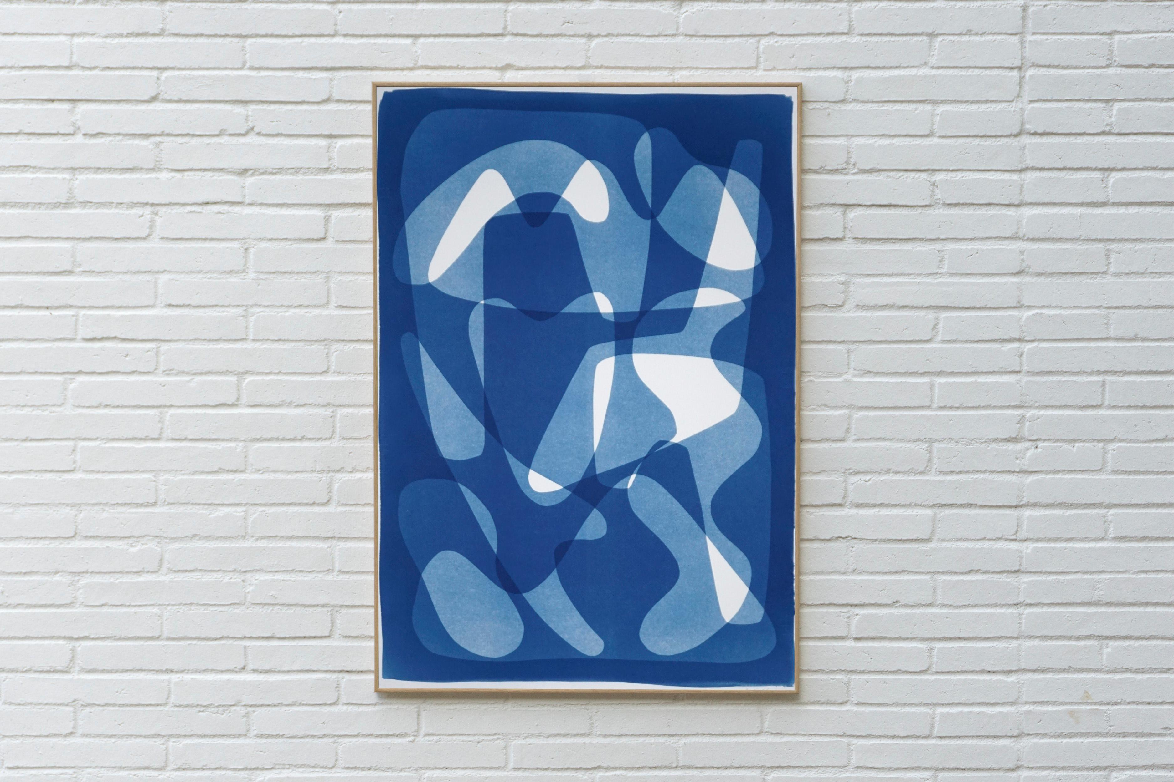 Geometric Mid-Century Vibes, Blue Tones Cyanotype Print, Cutout Shapes on Paper - Photograph by Kind of Cyan