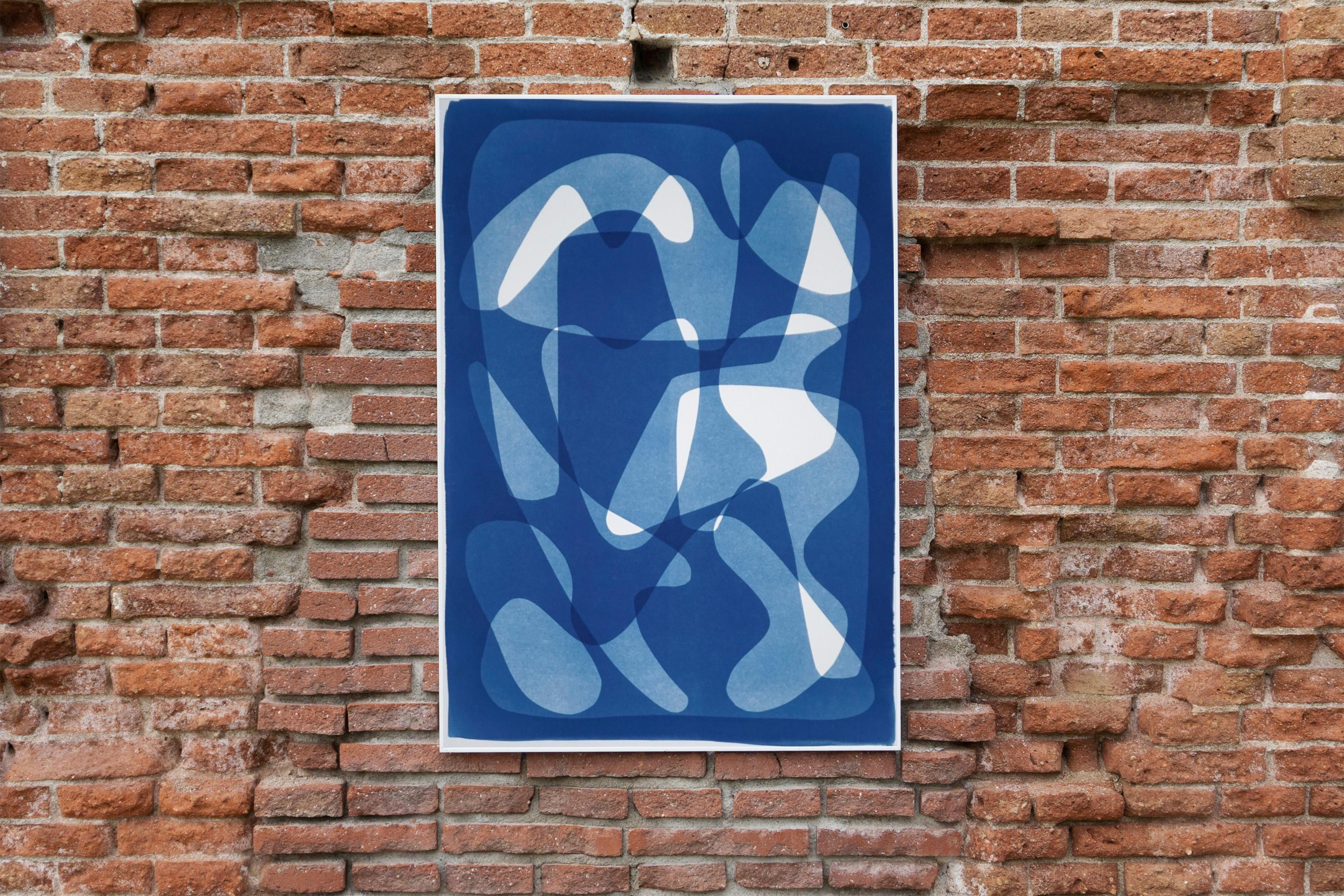 Geometric Mid-Century Vibes, Blue Tones Cyanotype Print, Cutout Shapes on Paper 1