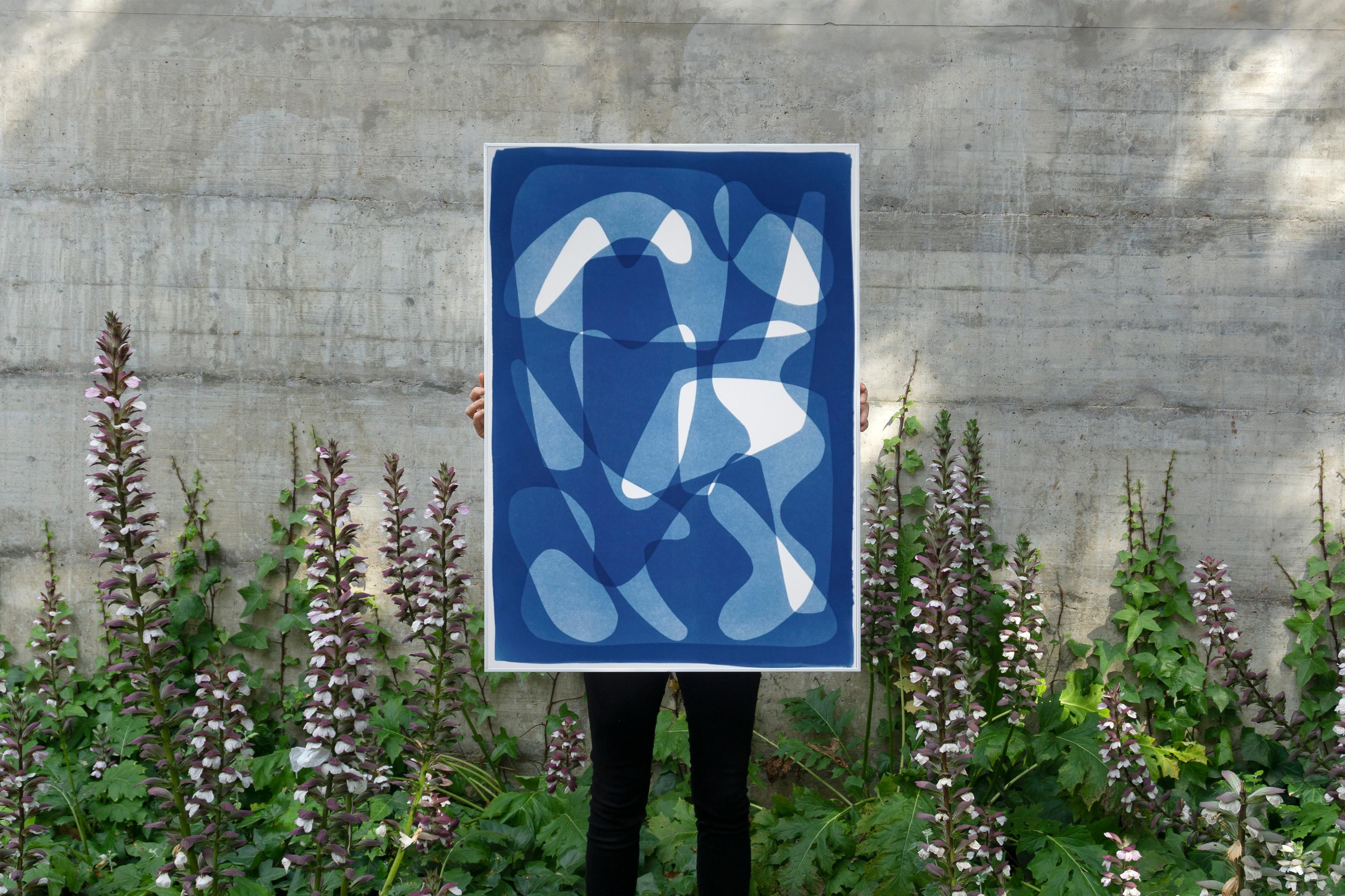Geometric Mid-Century Vibes, Blue Tones Cyanotype Print, Cutout Shapes on Paper 2
