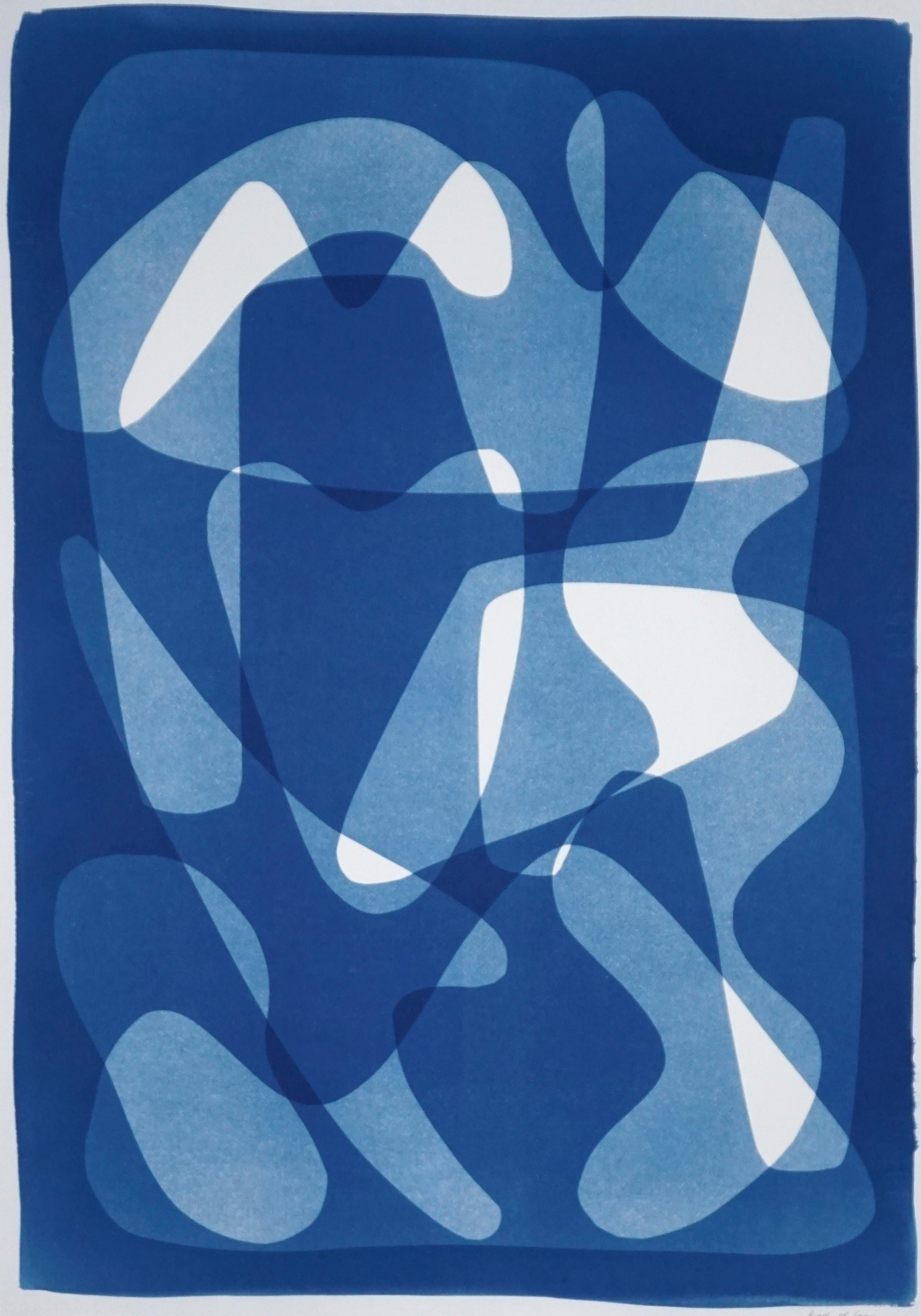 Kind of Cyan Abstract Photograph - Geometric Mid-Century Vibes, Blue Tones Cyanotype Print, Cutout Shapes on Paper