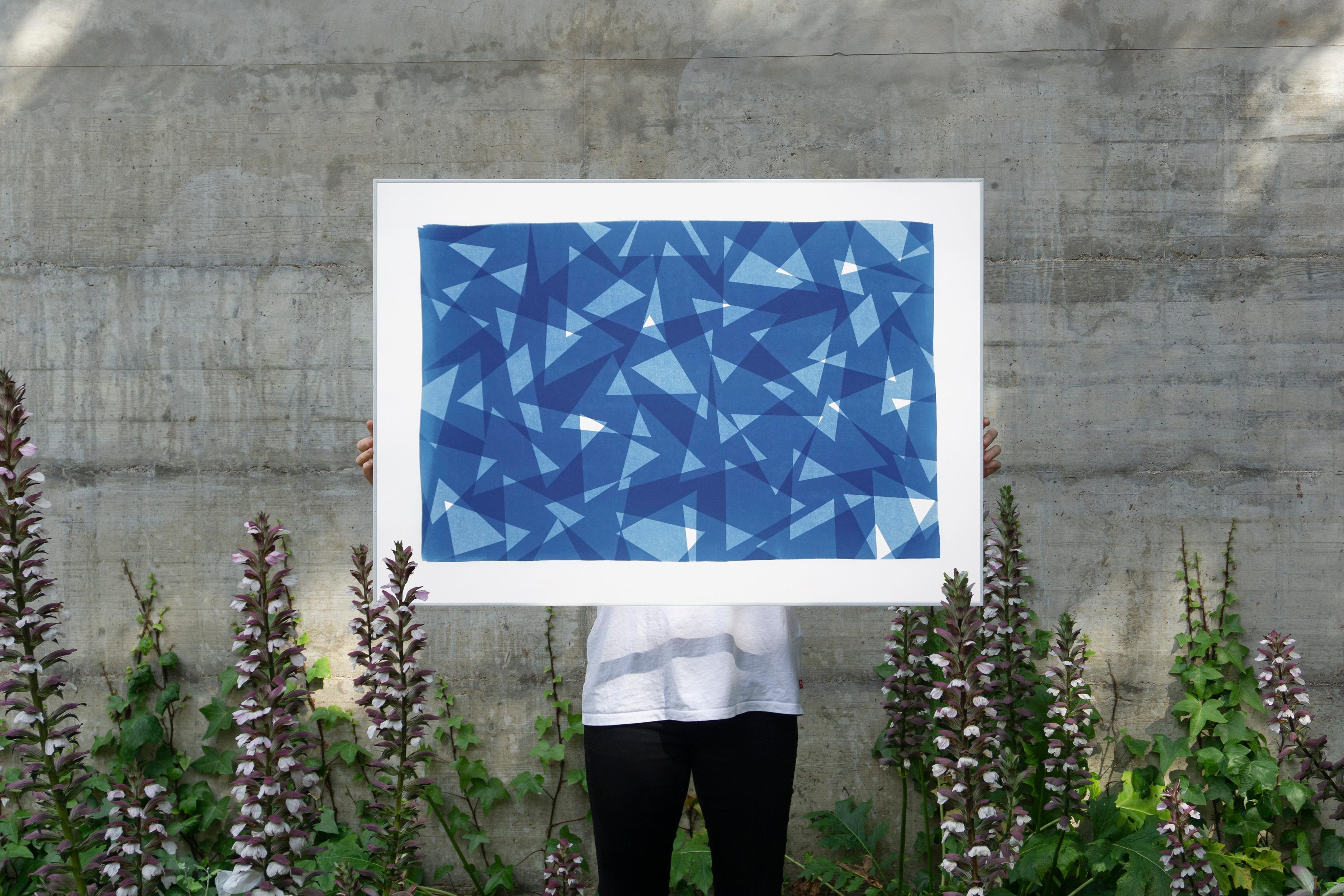 Geometric Triangles Pattern, Cutout Layer Paper Cyanotype in Blue, Naif Shapes - Print by Kind of Cyan