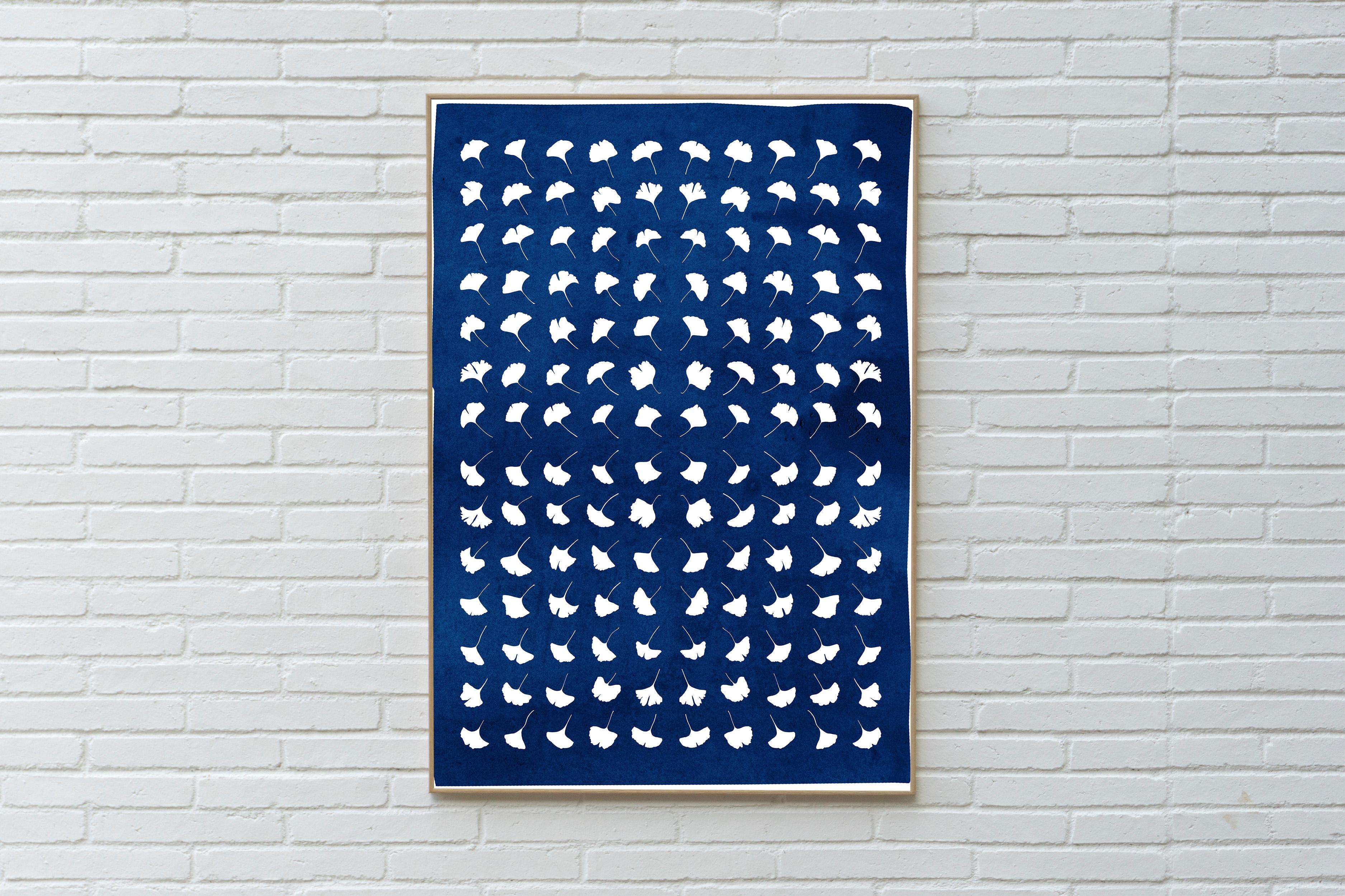 Gingko Leaf Explosion, Pressed Flowers, White and Blue Handmade Botanical Print - Photograph by Kind of Cyan