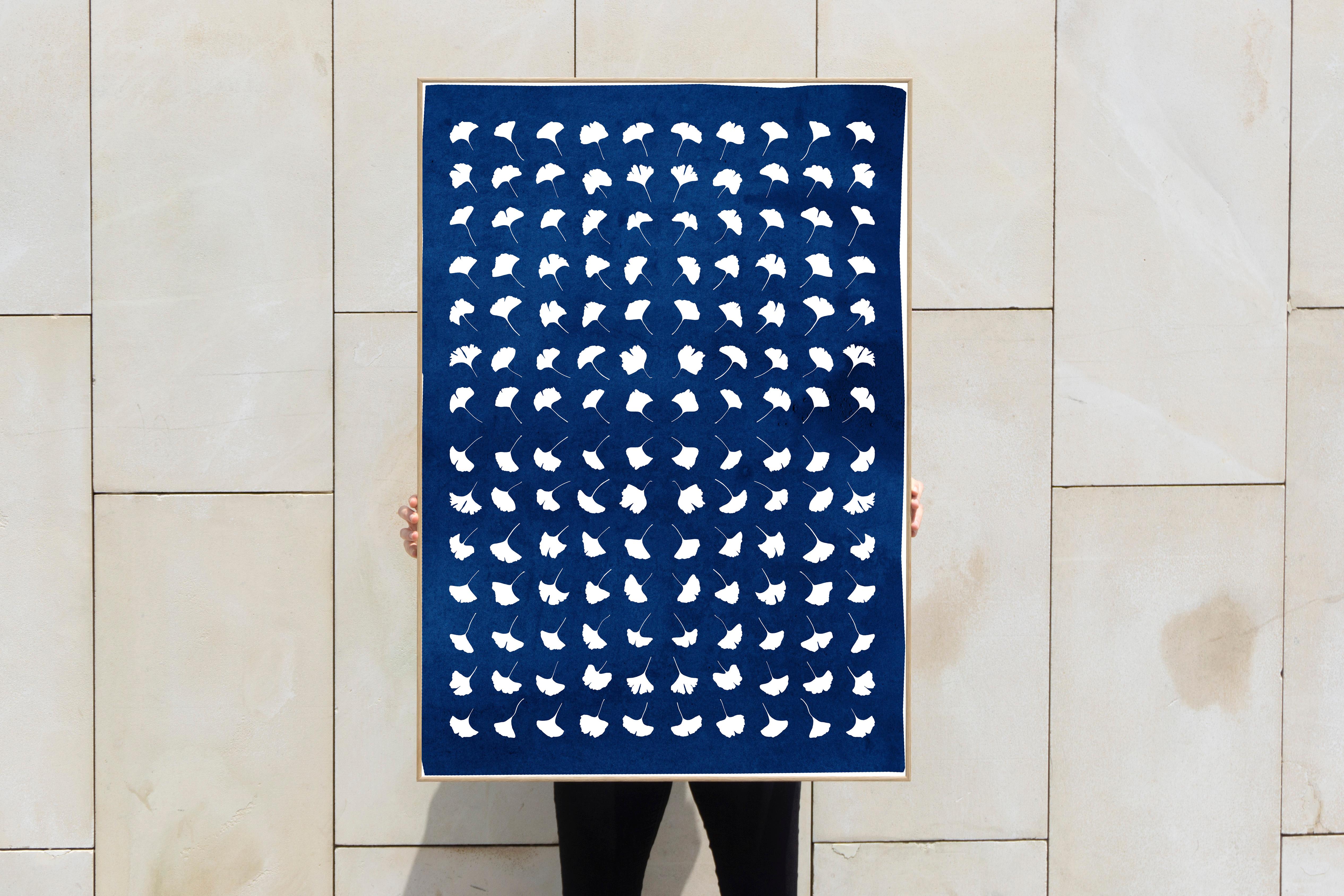 Gingko Leaf Explosion, Pressed Flowers, White and Blue Handmade Botanical Print - Purple Still-Life Photograph by Kind of Cyan