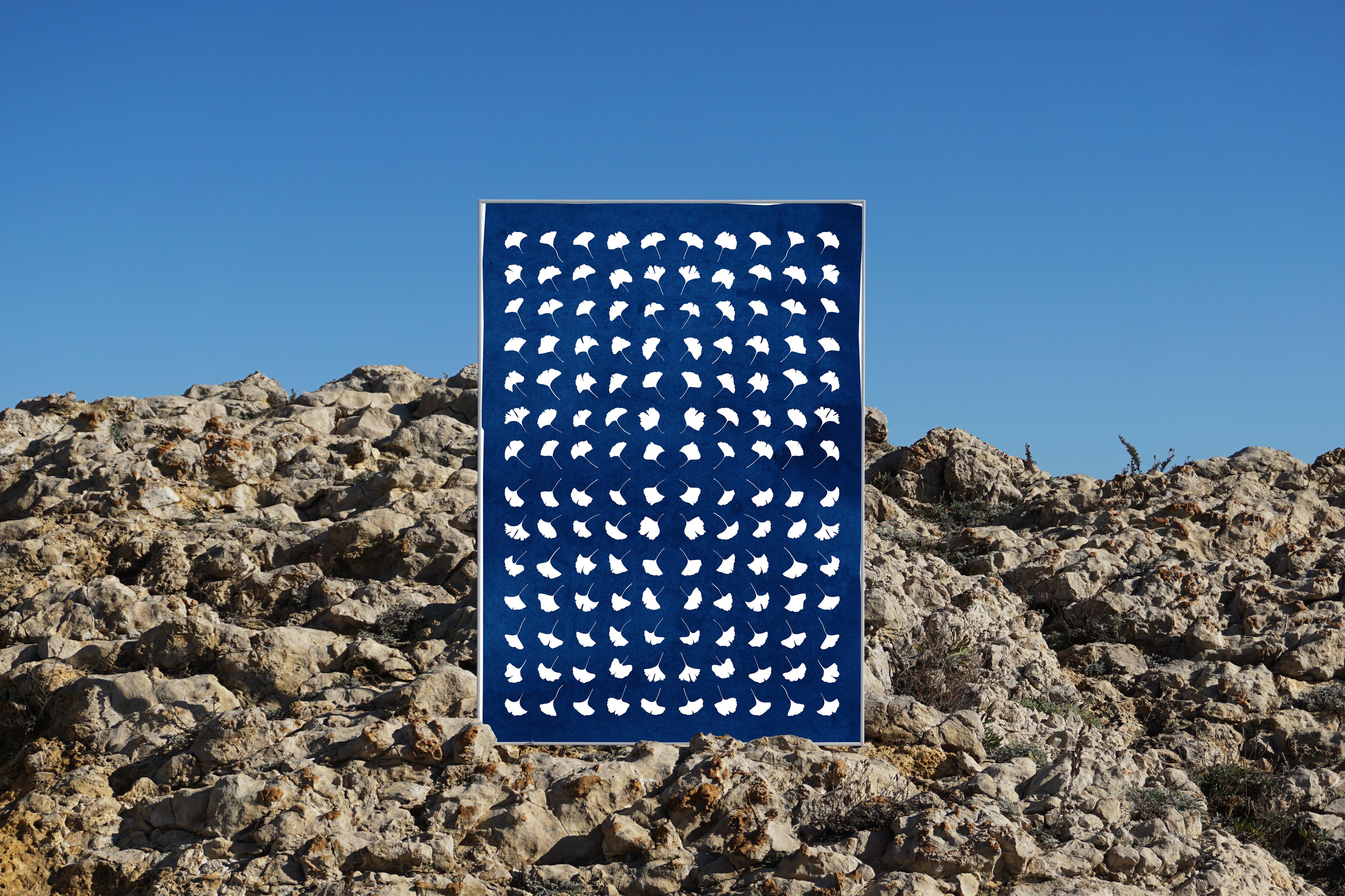 Gingko Leaf Explosion, Pressed Flowers, White and Blue Handmade Botanical Print For Sale 1