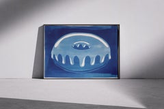 Glasierter Doughnut, horizontale handgefertigte Cyanotypie in Blautönen, Pop Art Food, 2026