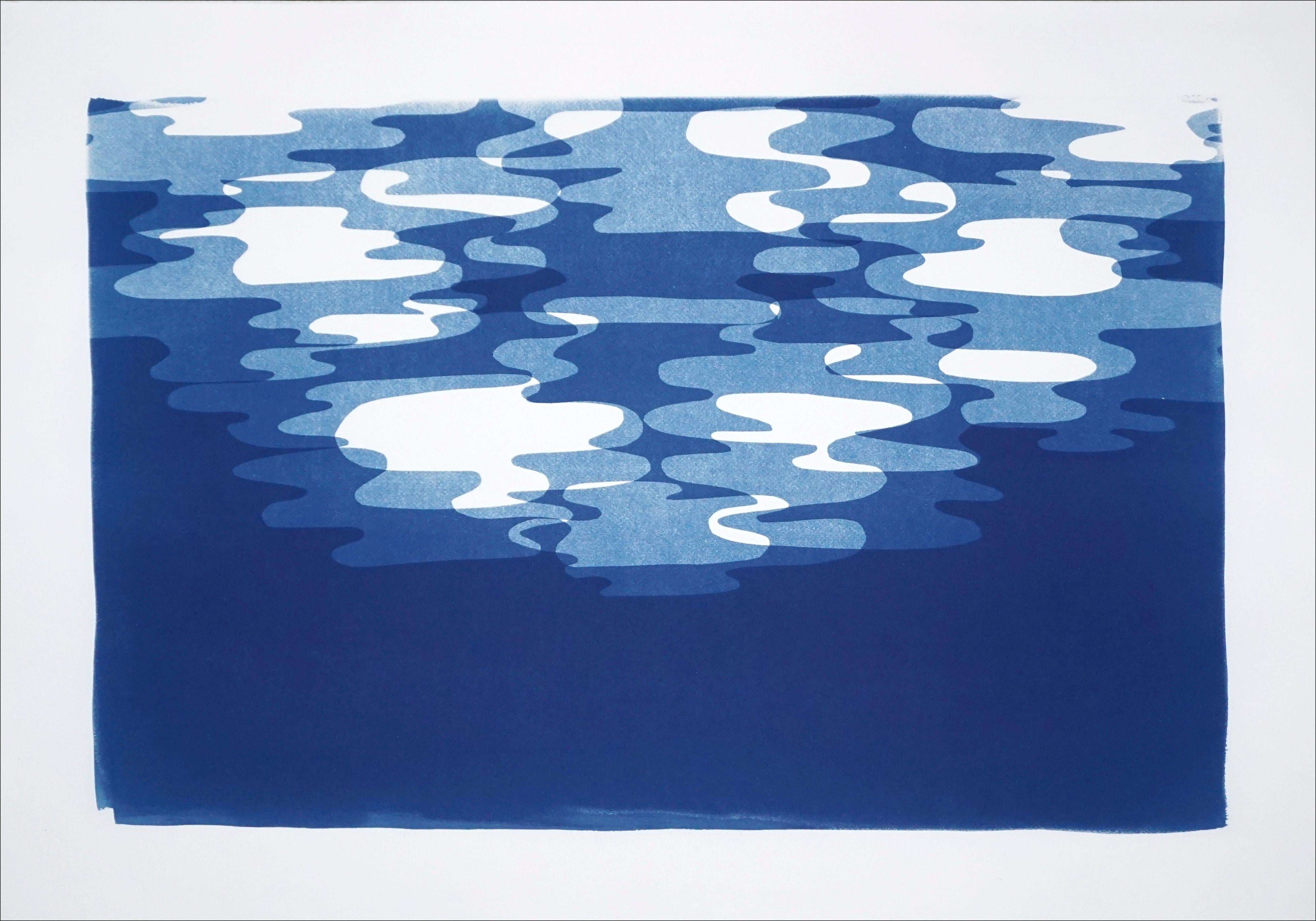 Handmade Cutouts Monotype, Blue and White Moonlight Reflection Contours, Unique