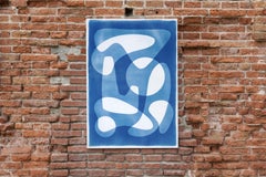 Handgefertigte Zyanotypie in Weiß und Blau, Mid-Century Modern Abstrakte Formen, Papier
