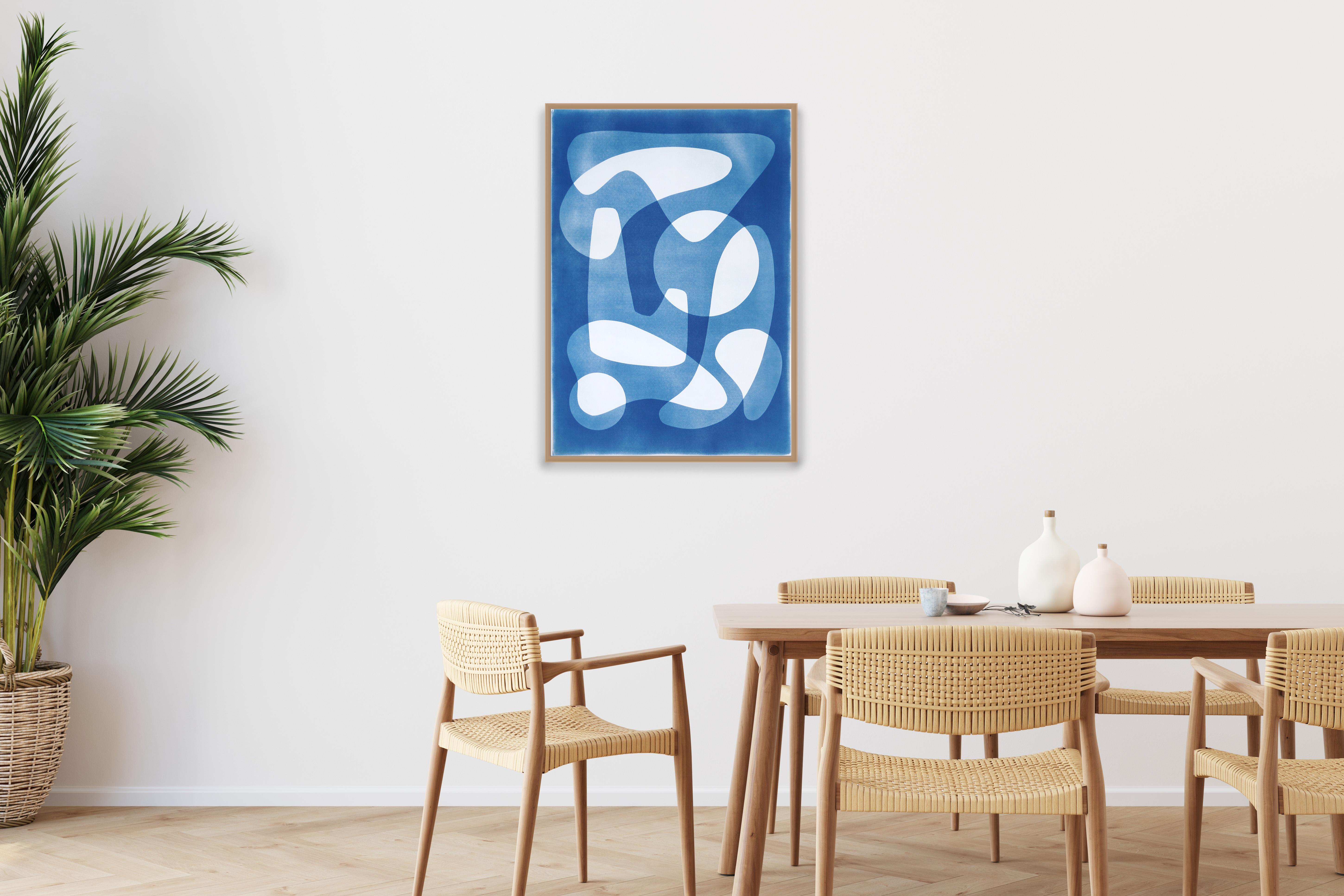 Handmade Cyanotype in White and Blue, Mid Century Modern Abstract Shapes, Paper For Sale 2