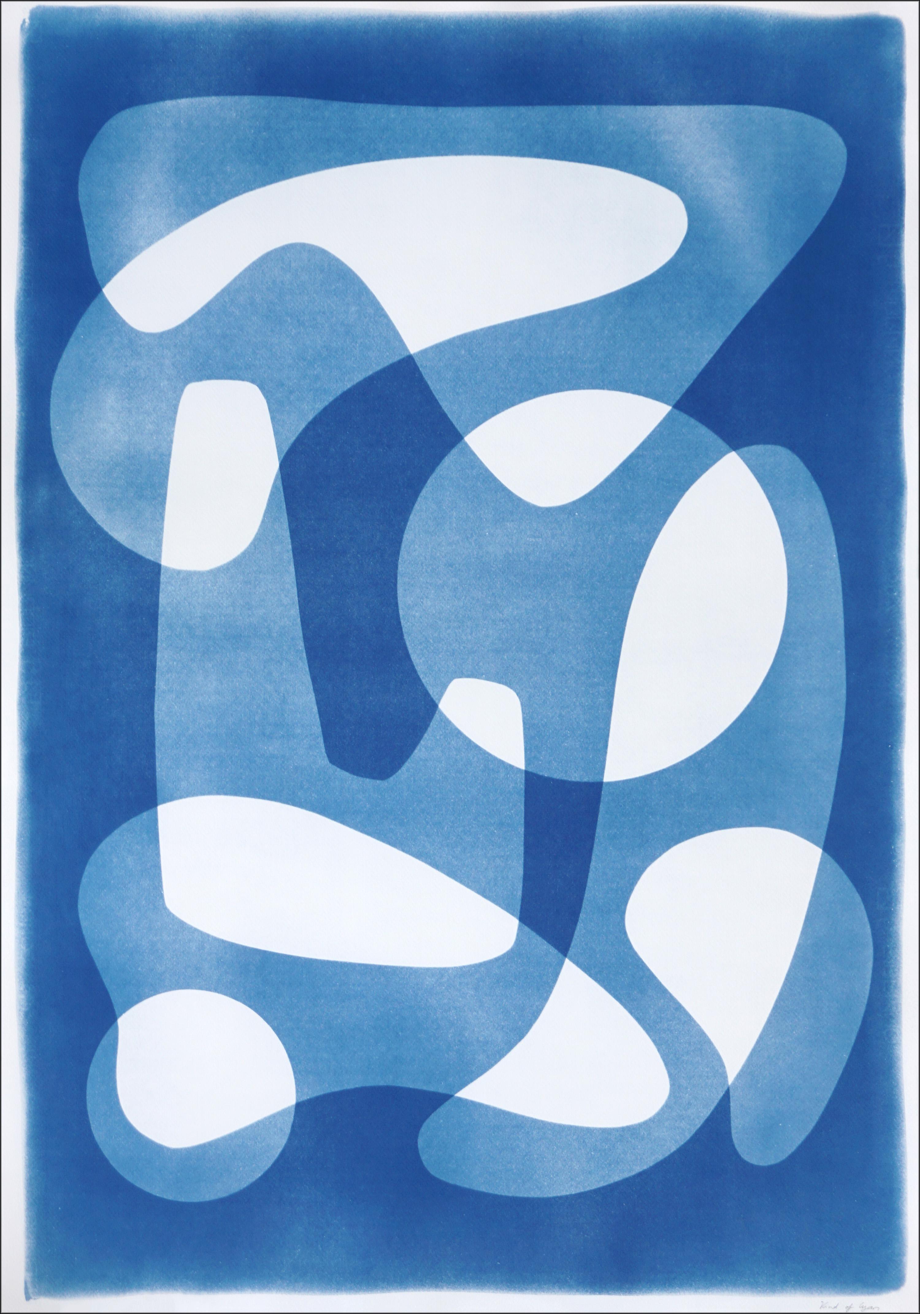 Handmade Cyanotype in White and Blue, Mid Century Modern Abstract Shapes, Paper