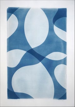 Handmade Unique Cyanotype of Minimal Pool Patterns Cutouts in Blue Tones, Paper