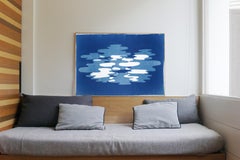 Hazy Blue Smoke, Artisan Cyanotype in Blue and White, Minimal Shapes on Paper