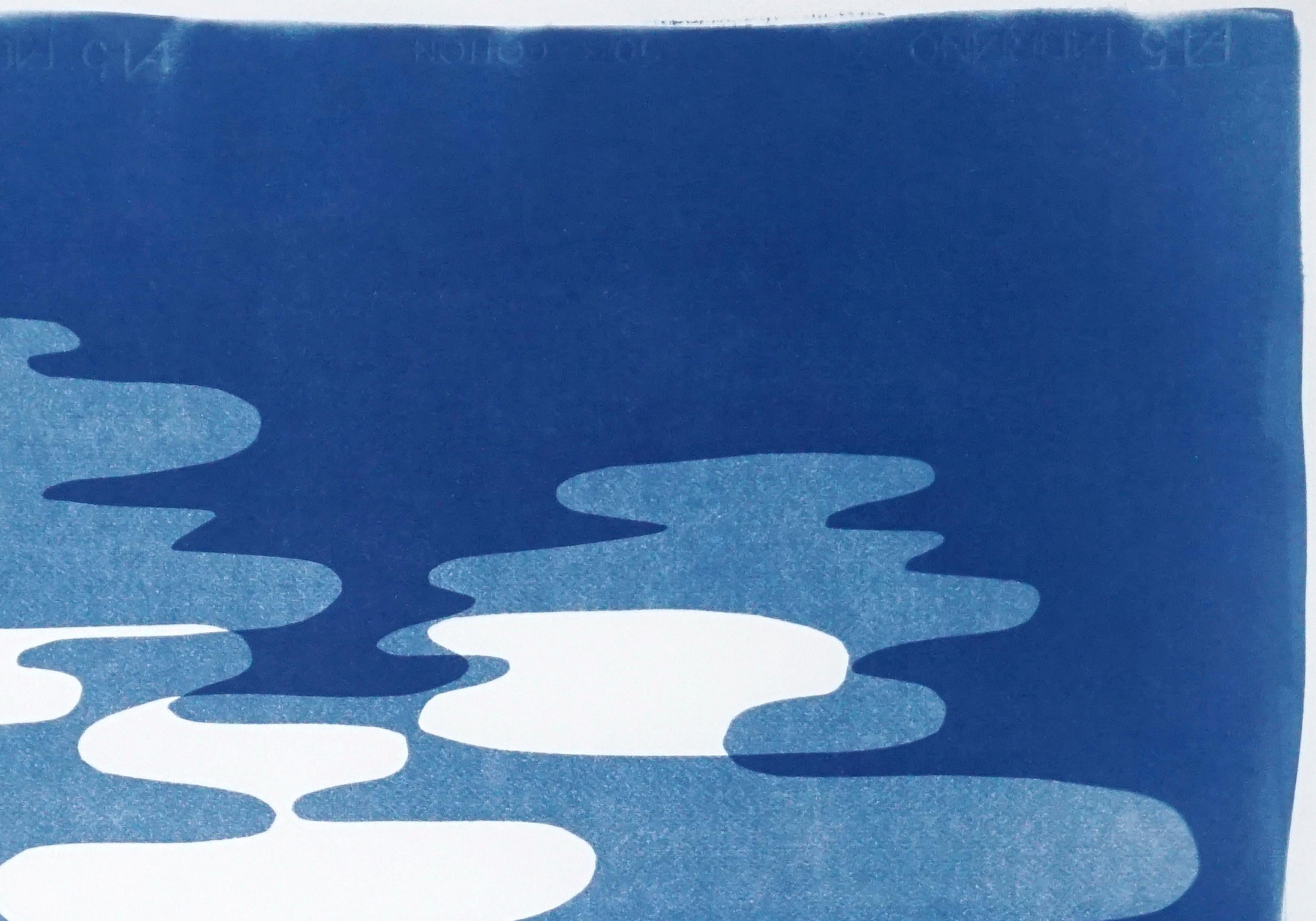 Hazy Blue Smoke, Artisan Cyanotype in Blue and White, Minimal Shapes on Paper - Abstract Geometric Print by Kind of Cyan