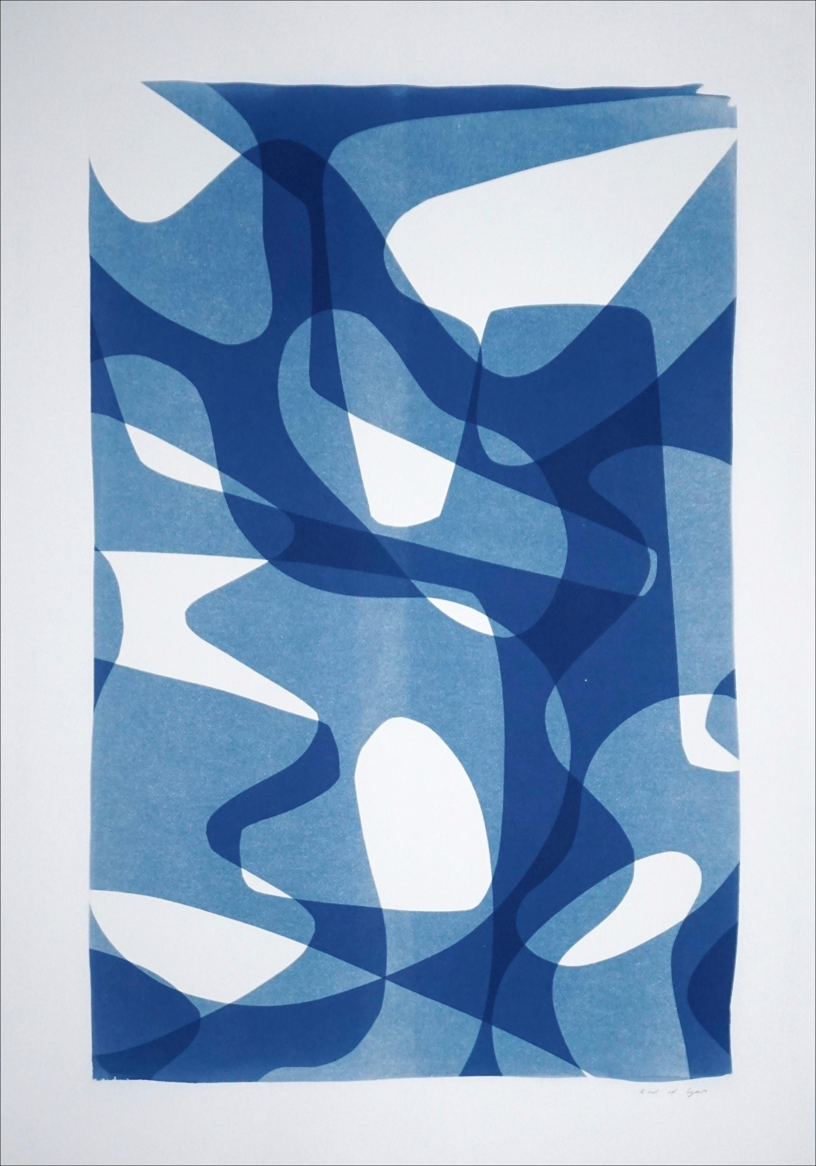 Jazzy Fifties Shapes, Blue Tones Vibrant Forms, Monotype, Cyanotype on Paper