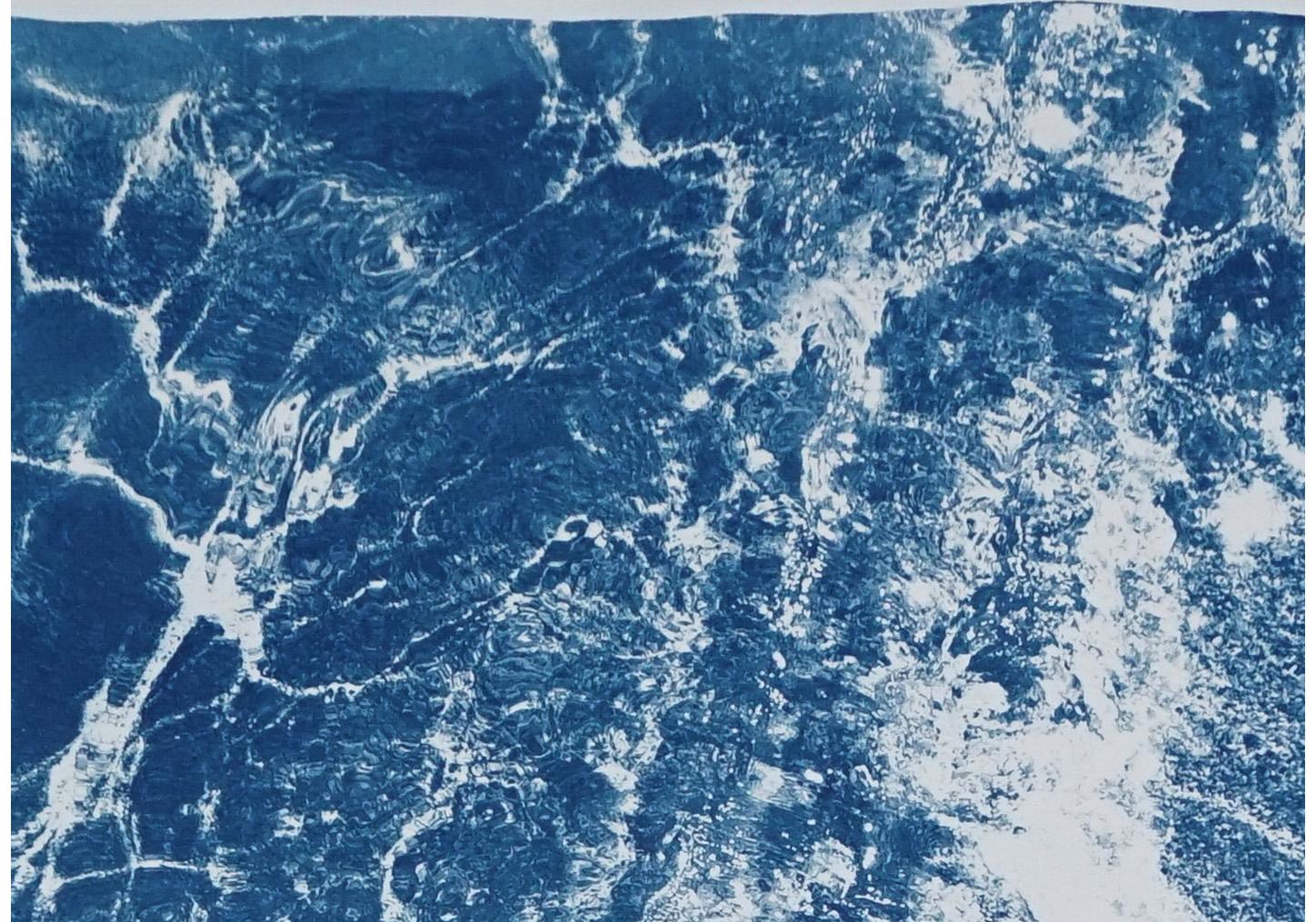 Caribbean Sandy Shore Triptych, Blue Tones Seascape, Sunny Waves Cyanotype Print For Sale 5