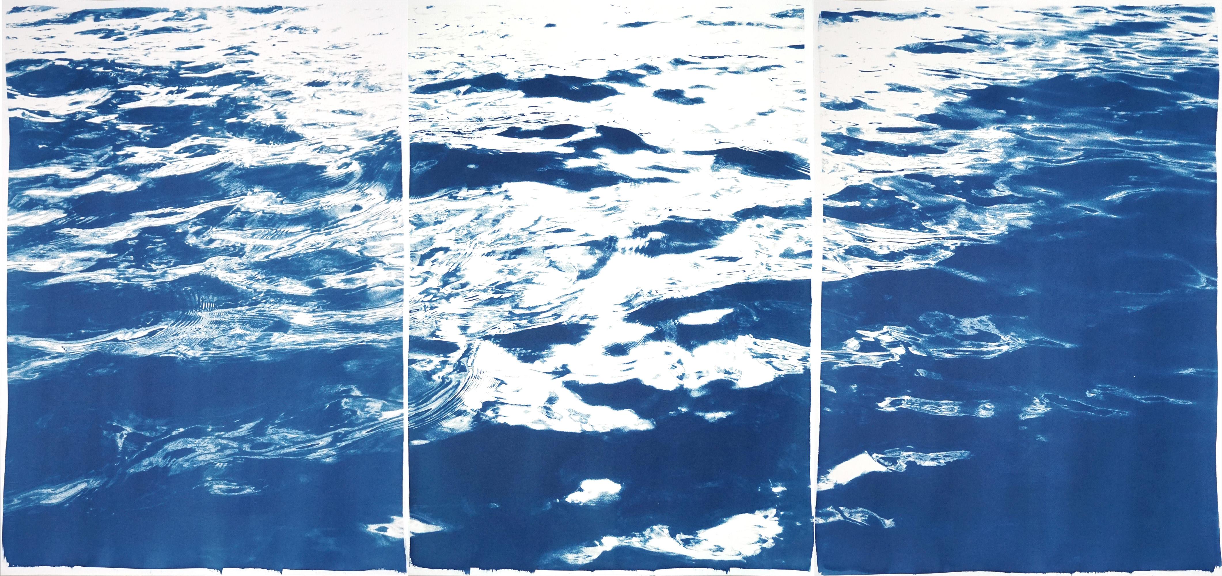 Large Seascape Triptych of Summer Waters in Cannes, Nautical Cyanotype, Blue  - Photograph by Kind of Cyan