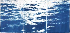 Large Seascape Triptych of Summer Waters in Cannes, Nautical Cyanotype, Blue 