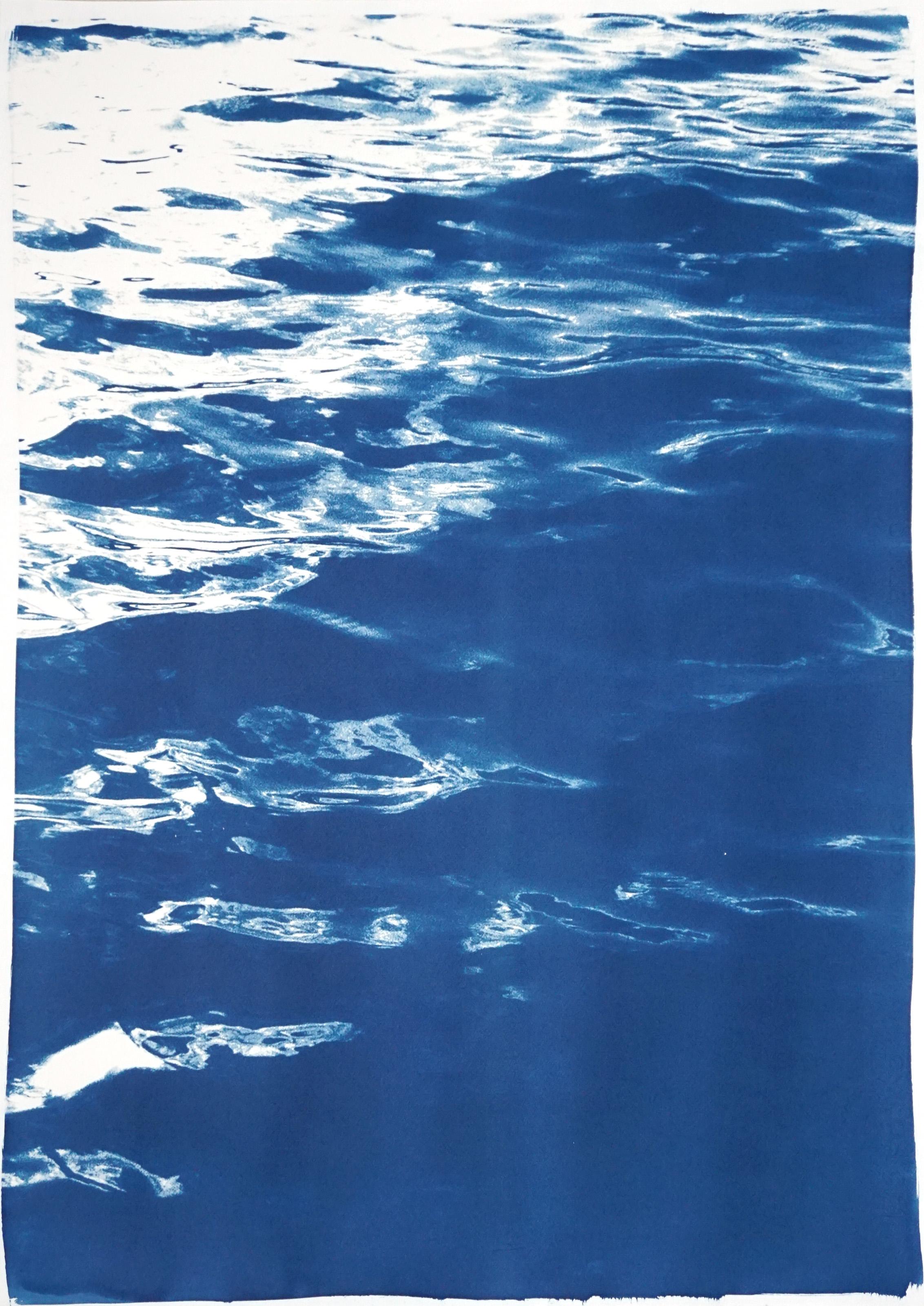 Large Seascape Triptych of Summer Waters in Cannes, Nautical Cyanotype, Blue  1