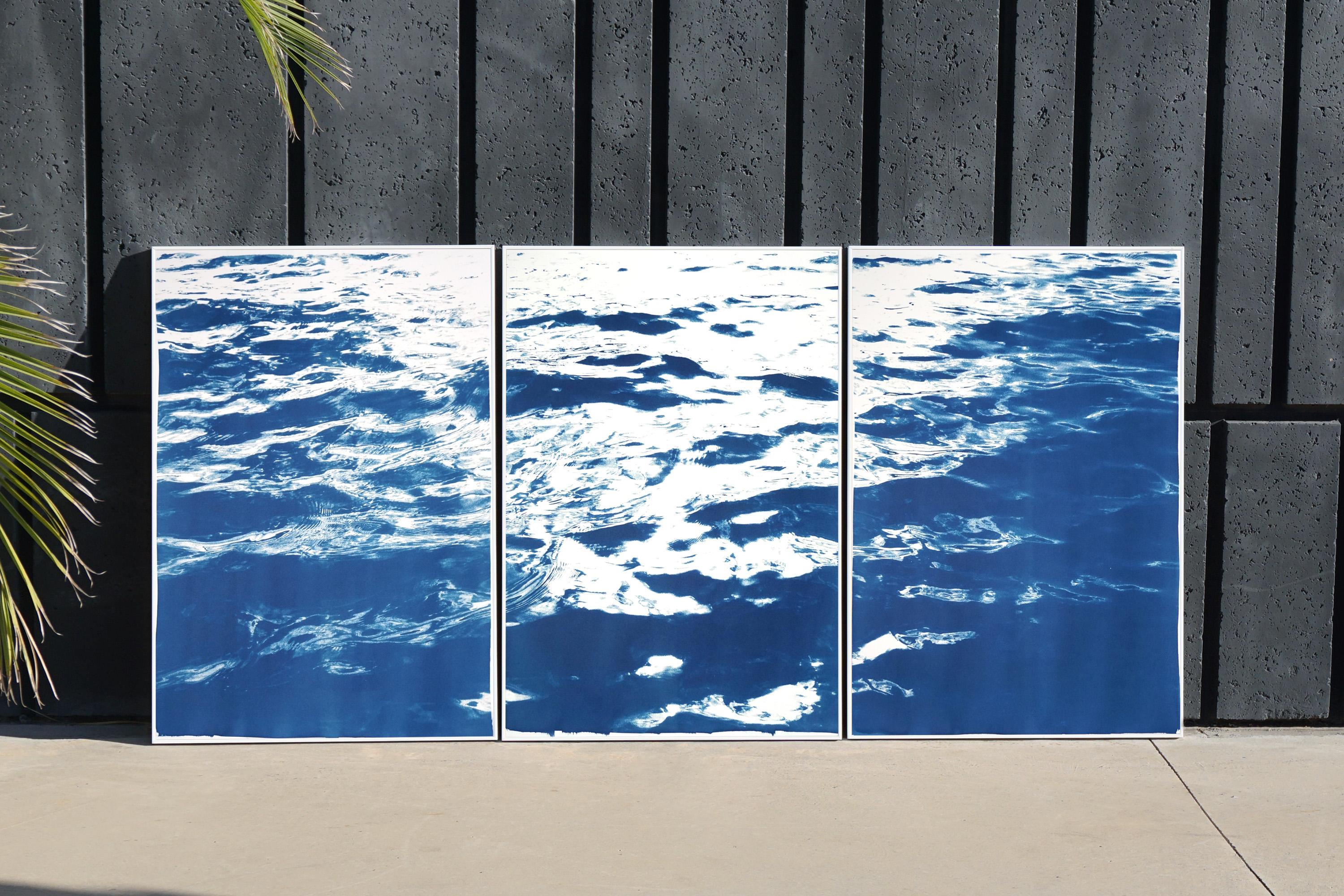 Kind of Cyan Landscape Photograph - Large Seascape Triptych of Summer Waters in Cannes, Nautical Cyanotype, Blue 
