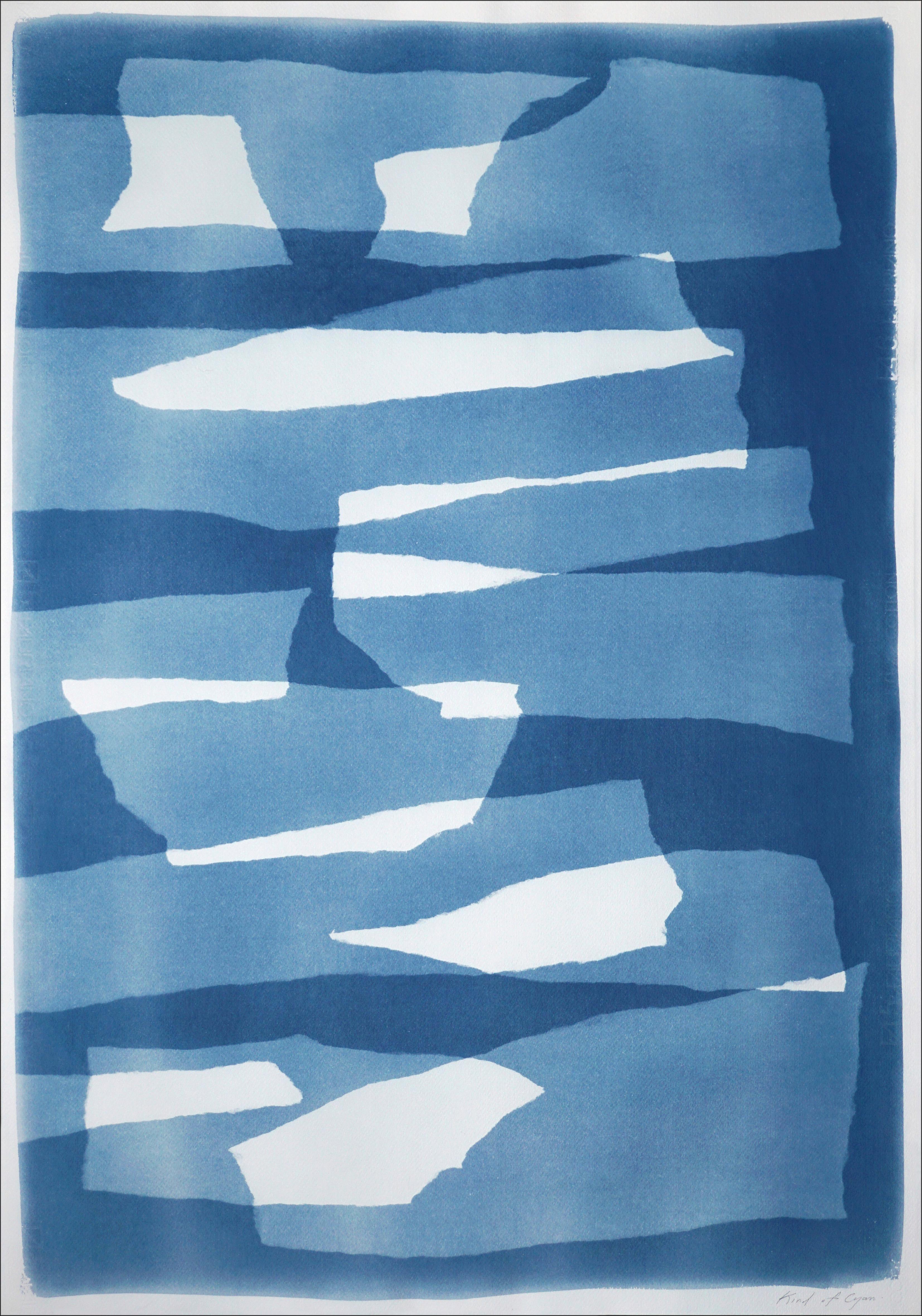 Kind of Cyan - Layered Torn Paper Diptych, White and Blue Unique ...