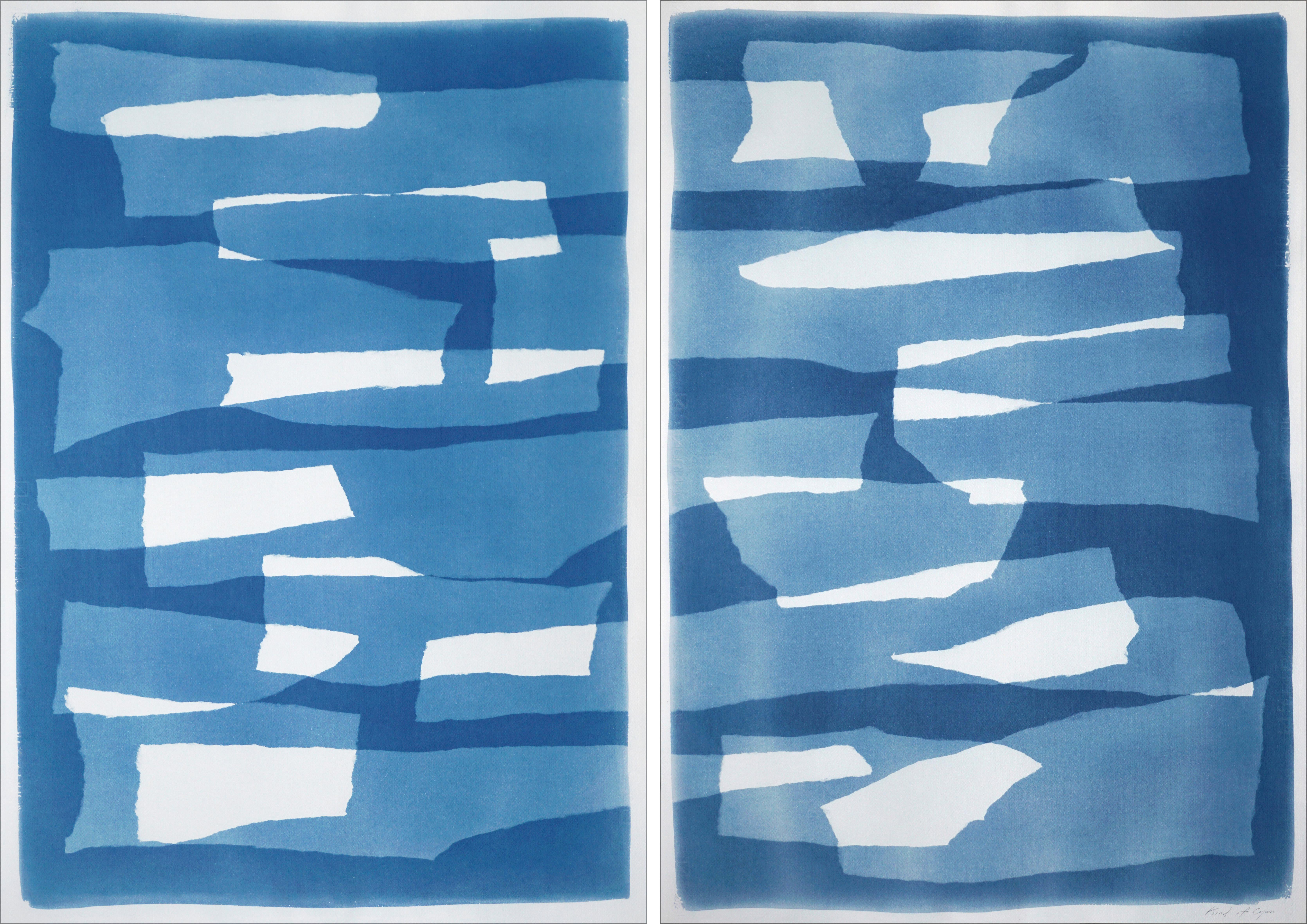 Layered Torn Paper Diptych, White & Blue Unique Monotype, Abstract Ripped Shapes