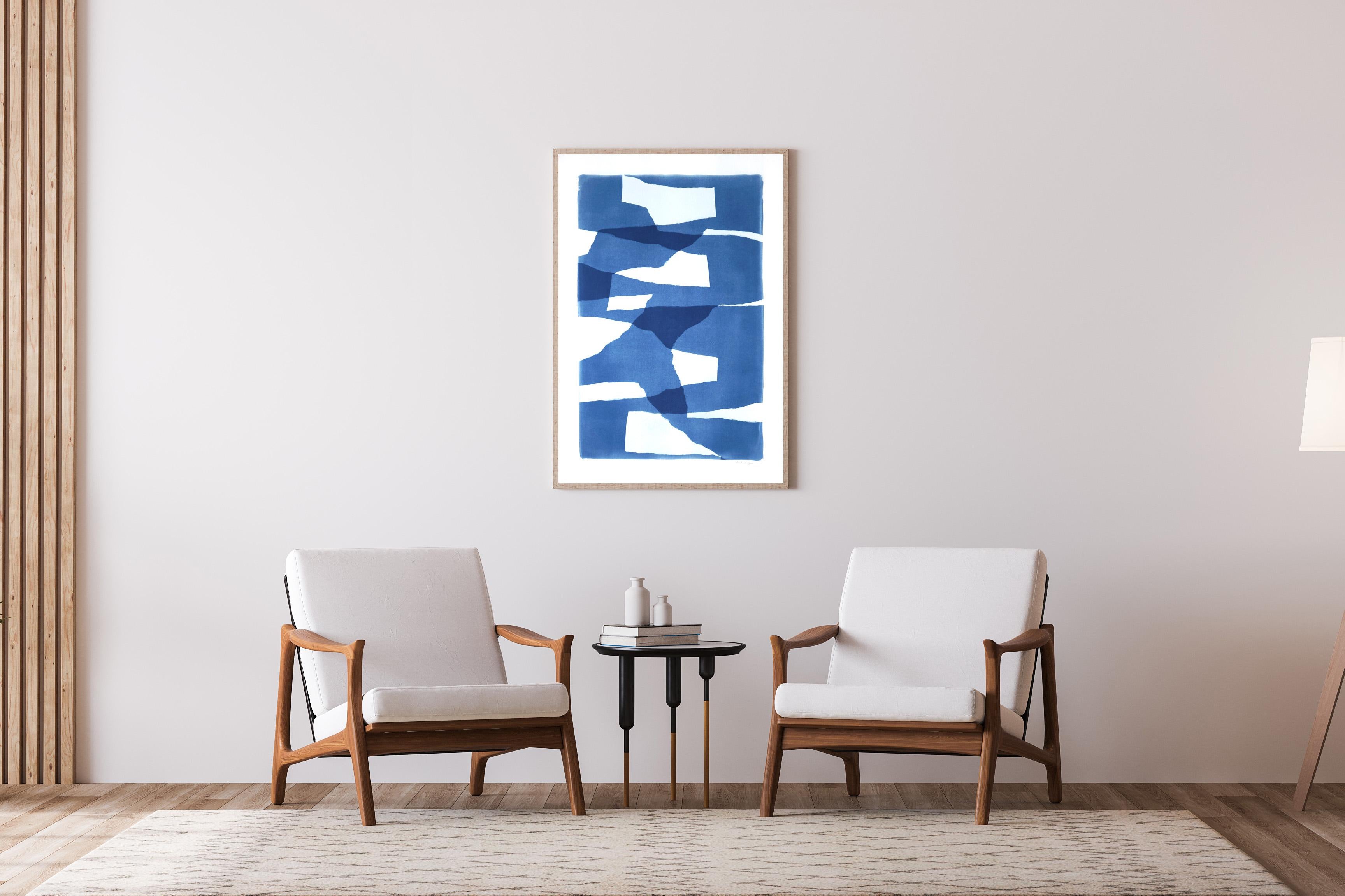 Layered Torn Paper, White and Blue Unique Print, Abstract Construction Shapes 1