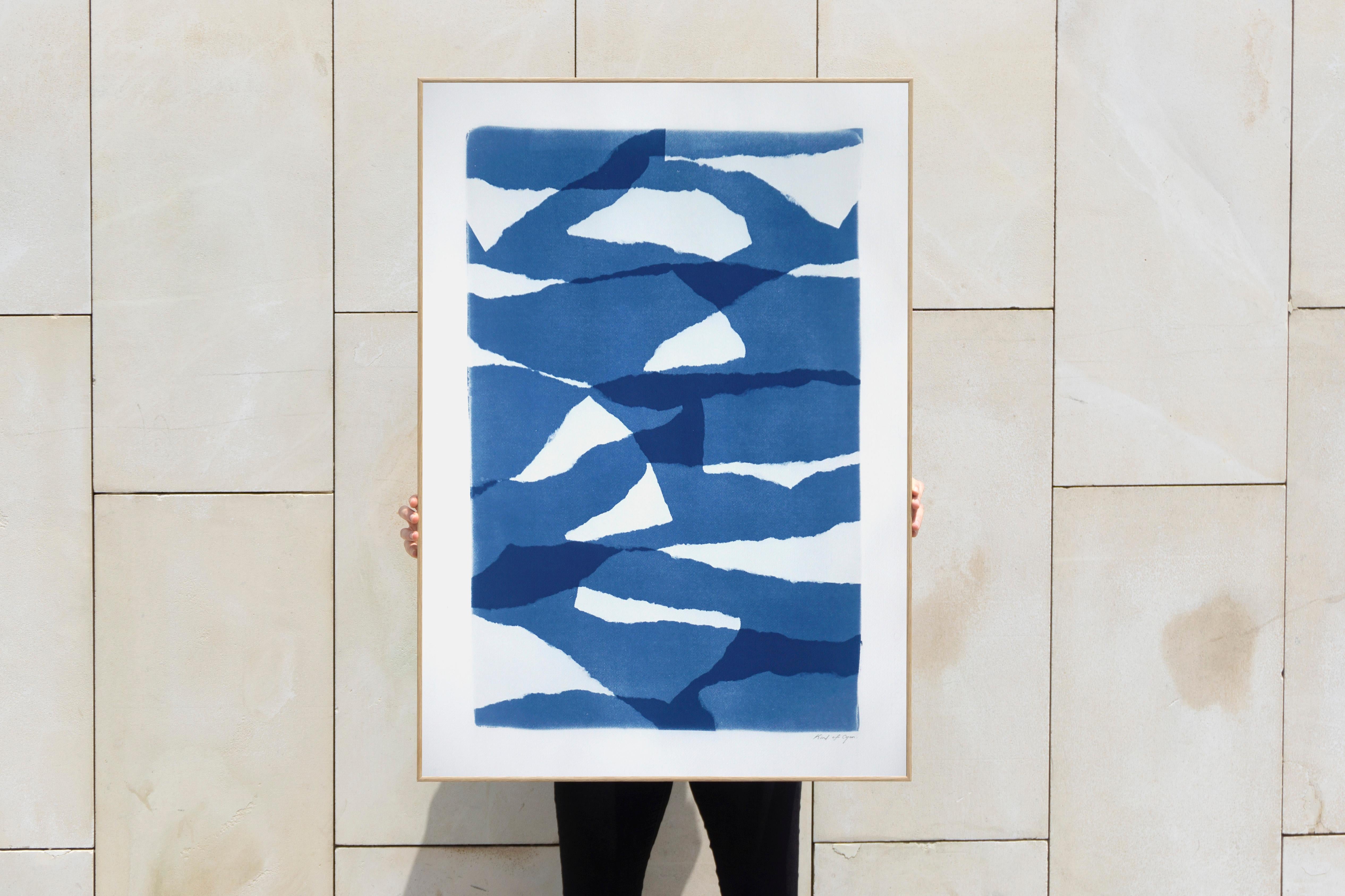 Layered Torn Paper, White and Blue Unique Print, Abstract Construction Shapes 2