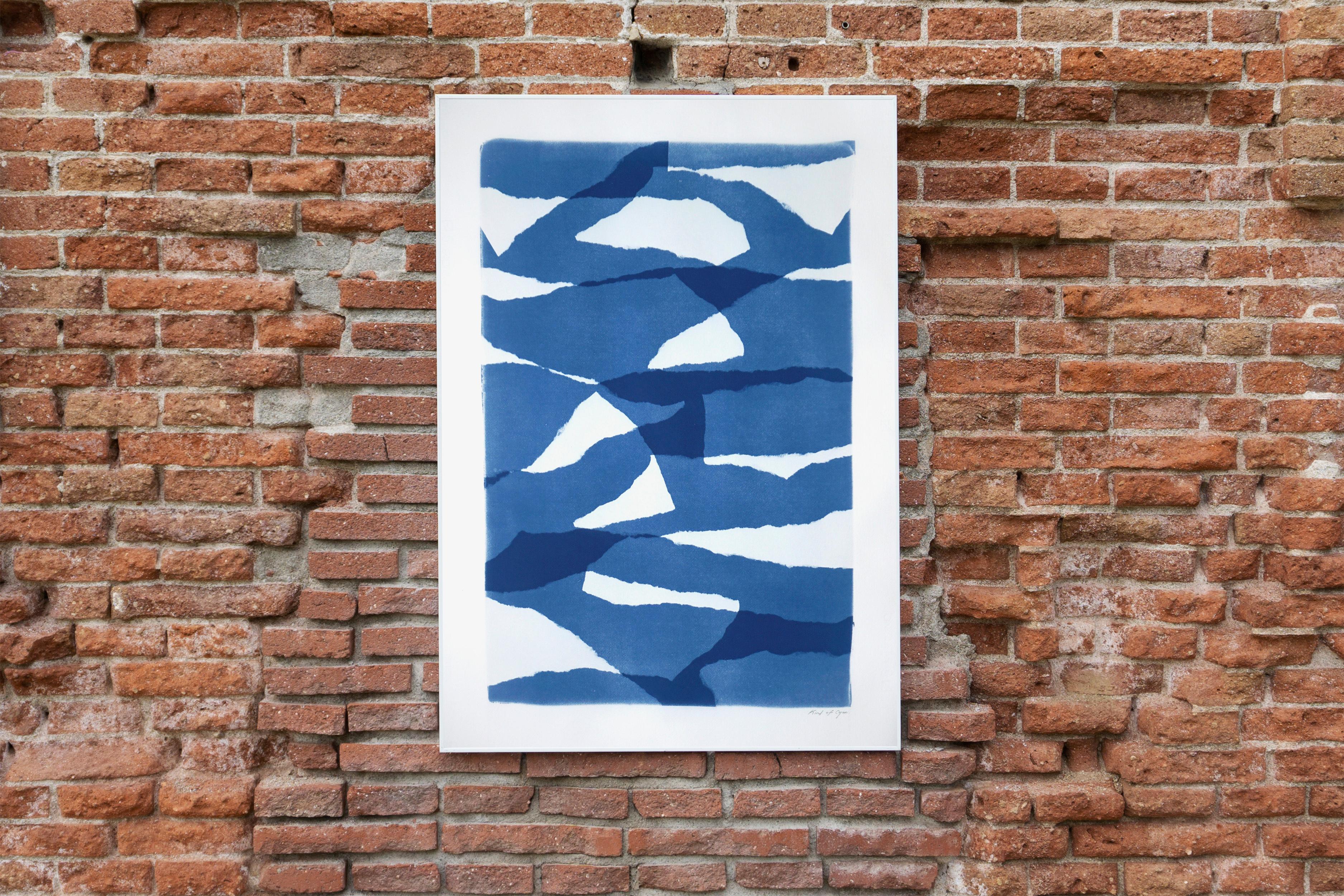 Layered Torn Paper, White and Blue Unique Print, Abstract Construction Shapes 3
