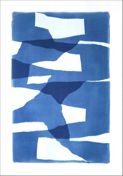 Layered Torn Paper, White and Blue Unique Print, Abstract Construction Shapes