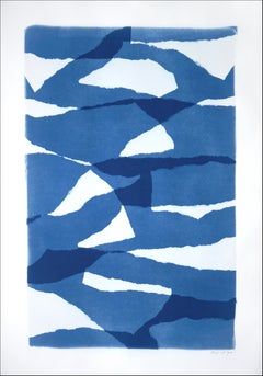 Layered Torn Paper, White and Blue Unique Print, Abstract Construction Shapes