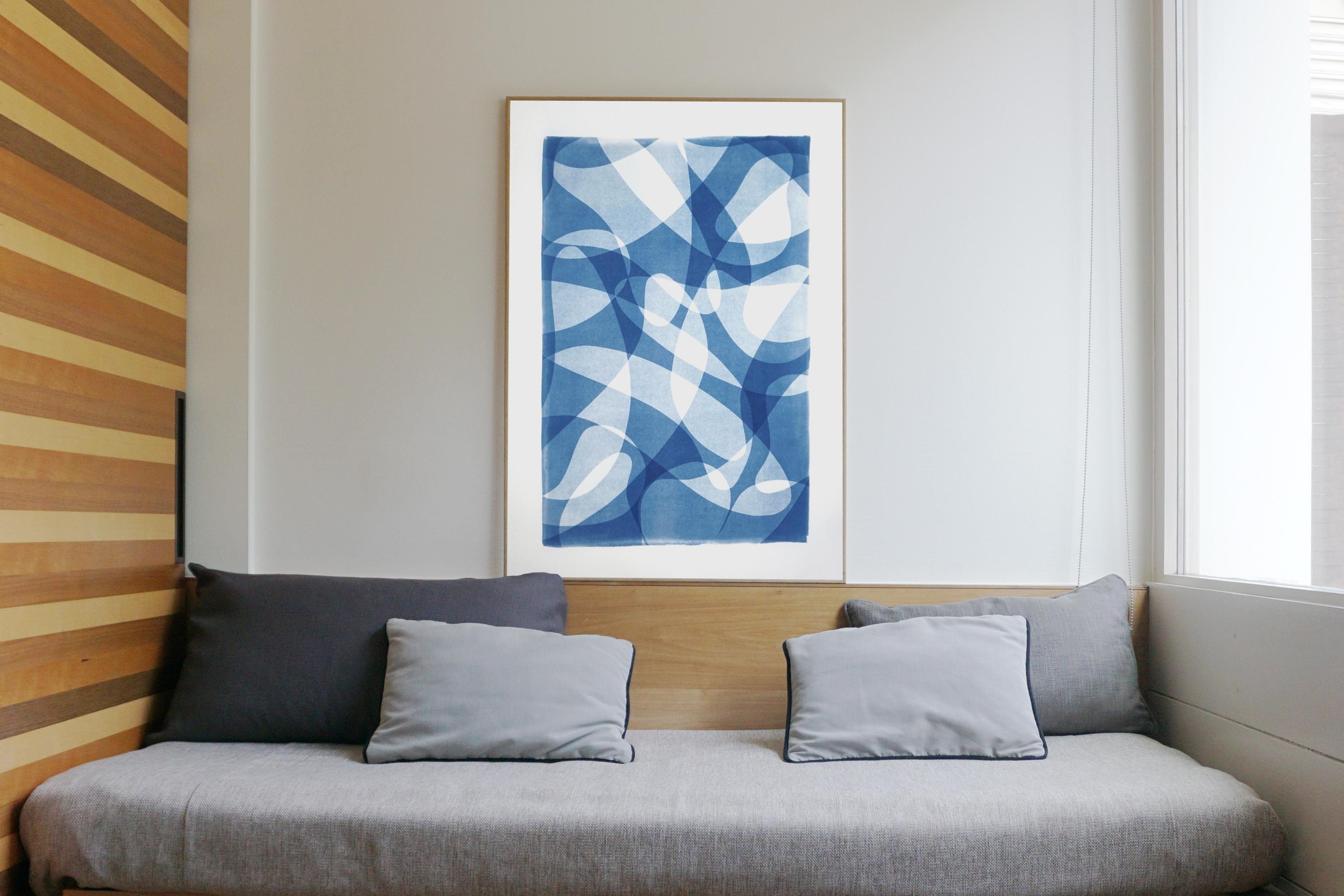 Line Contours, Blue Shade Gradients, Unique Handmade Monotype, Avant Garde 2021 - Modern Print by Kind of Cyan