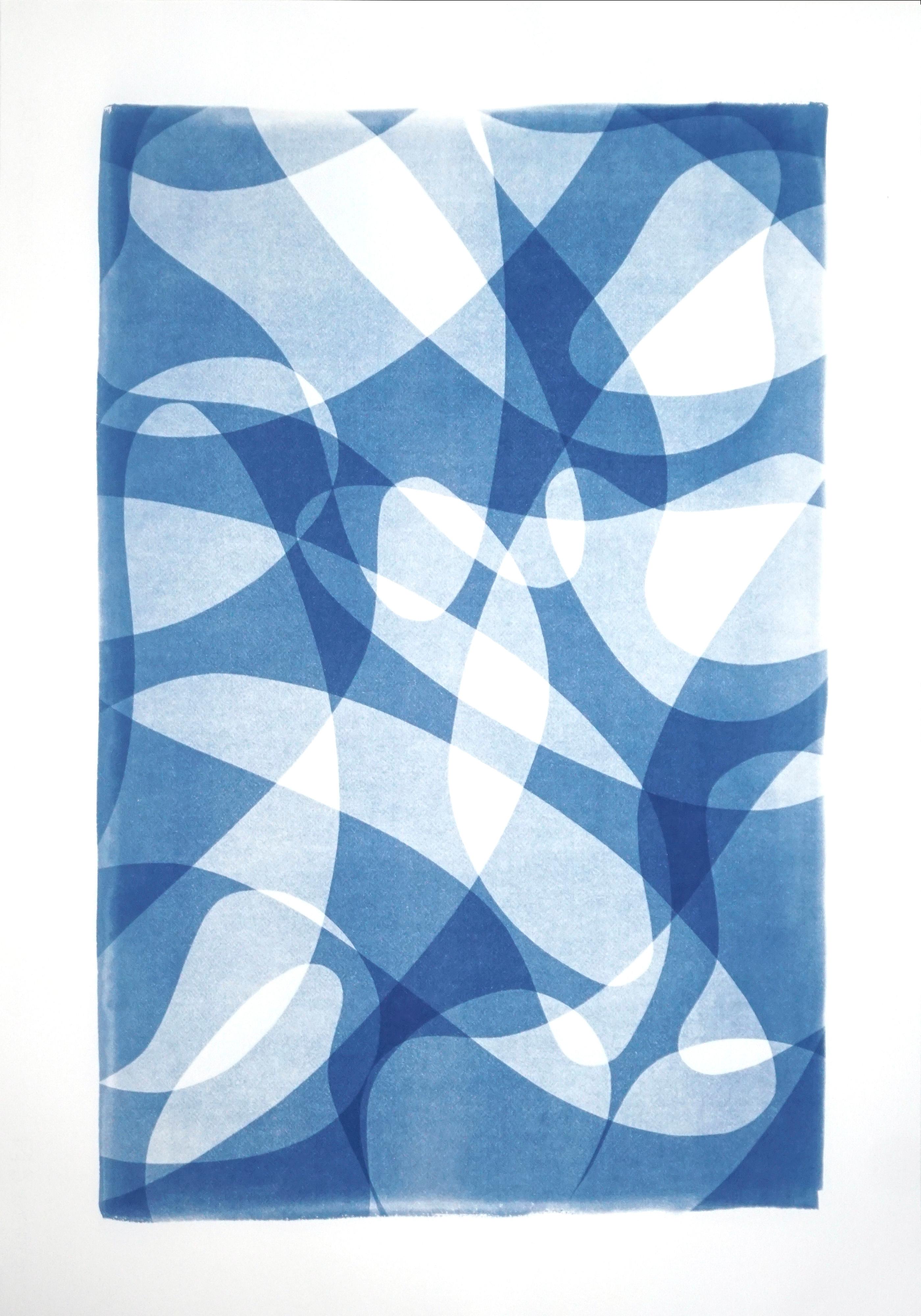 Kind of Cyan Abstract Print - Line Contours, Blue Shade Gradients, Unique Handmade Monotype, Avant Garde 2021