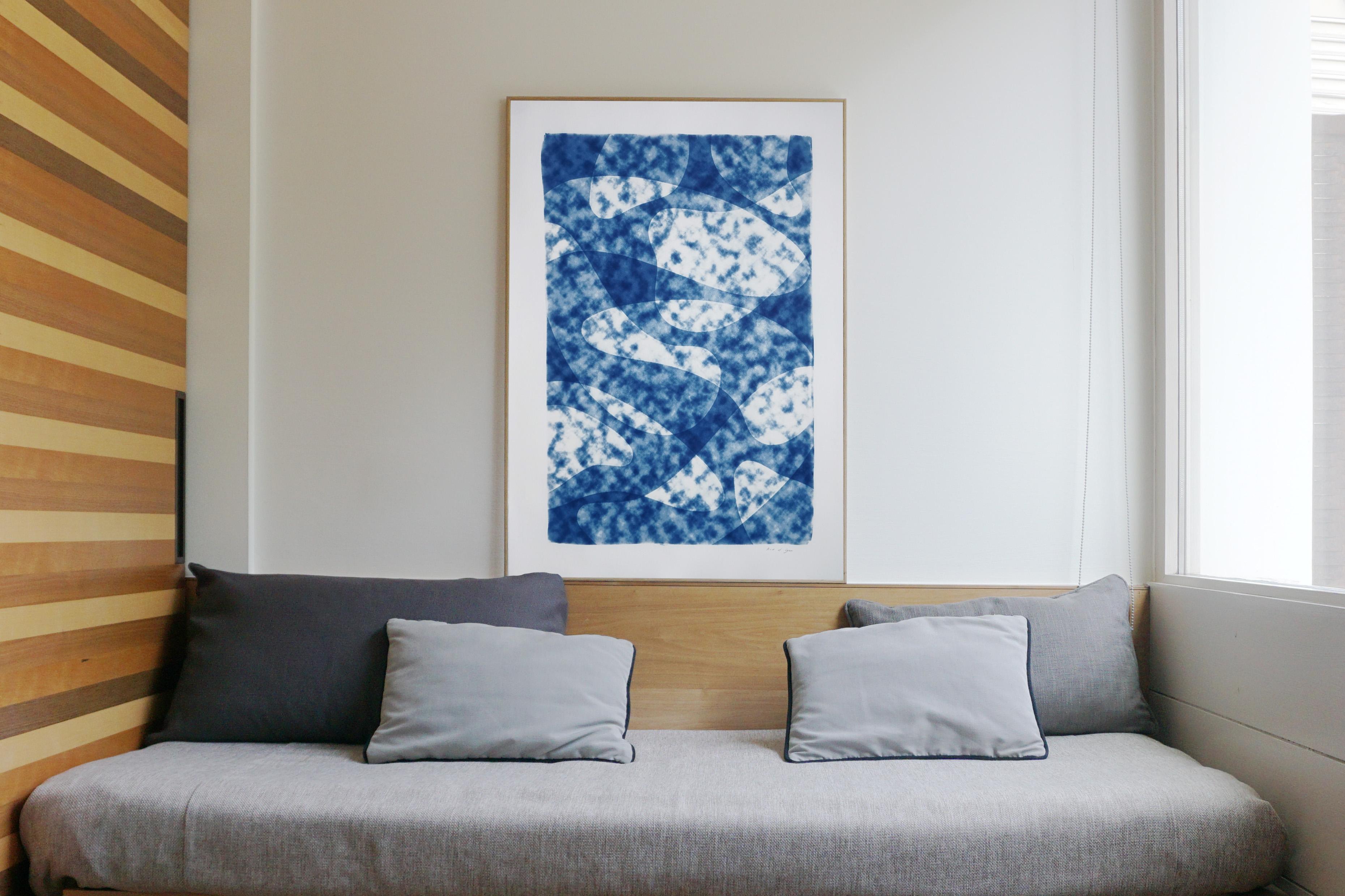 Looking Up at The Clouds, Unique Monotype in Blue Tones, Avant-Garde Shapes  - Modern Print by Kind of Cyan