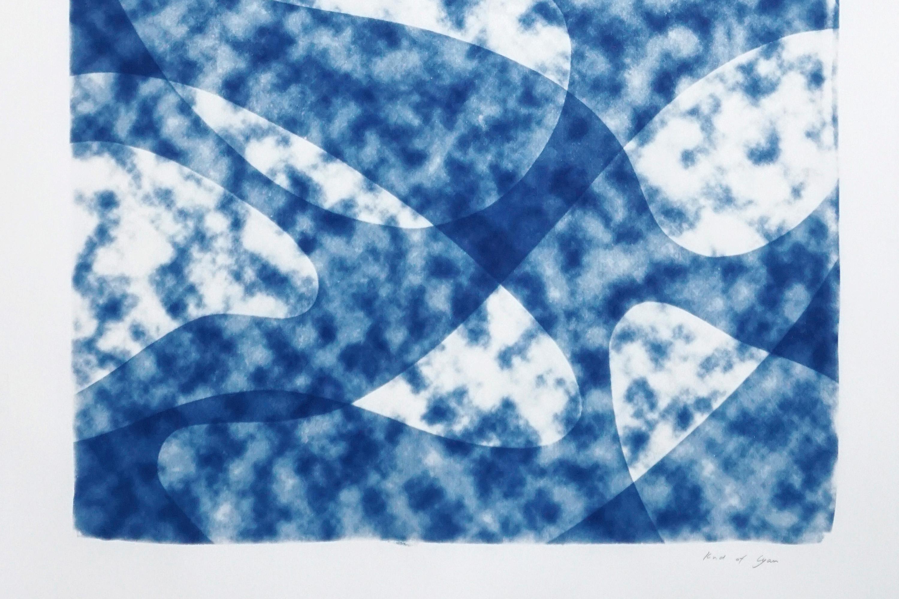 Looking Up at The Clouds, Unique Monotype in Blue Tones, Avant-Garde Shapes  2