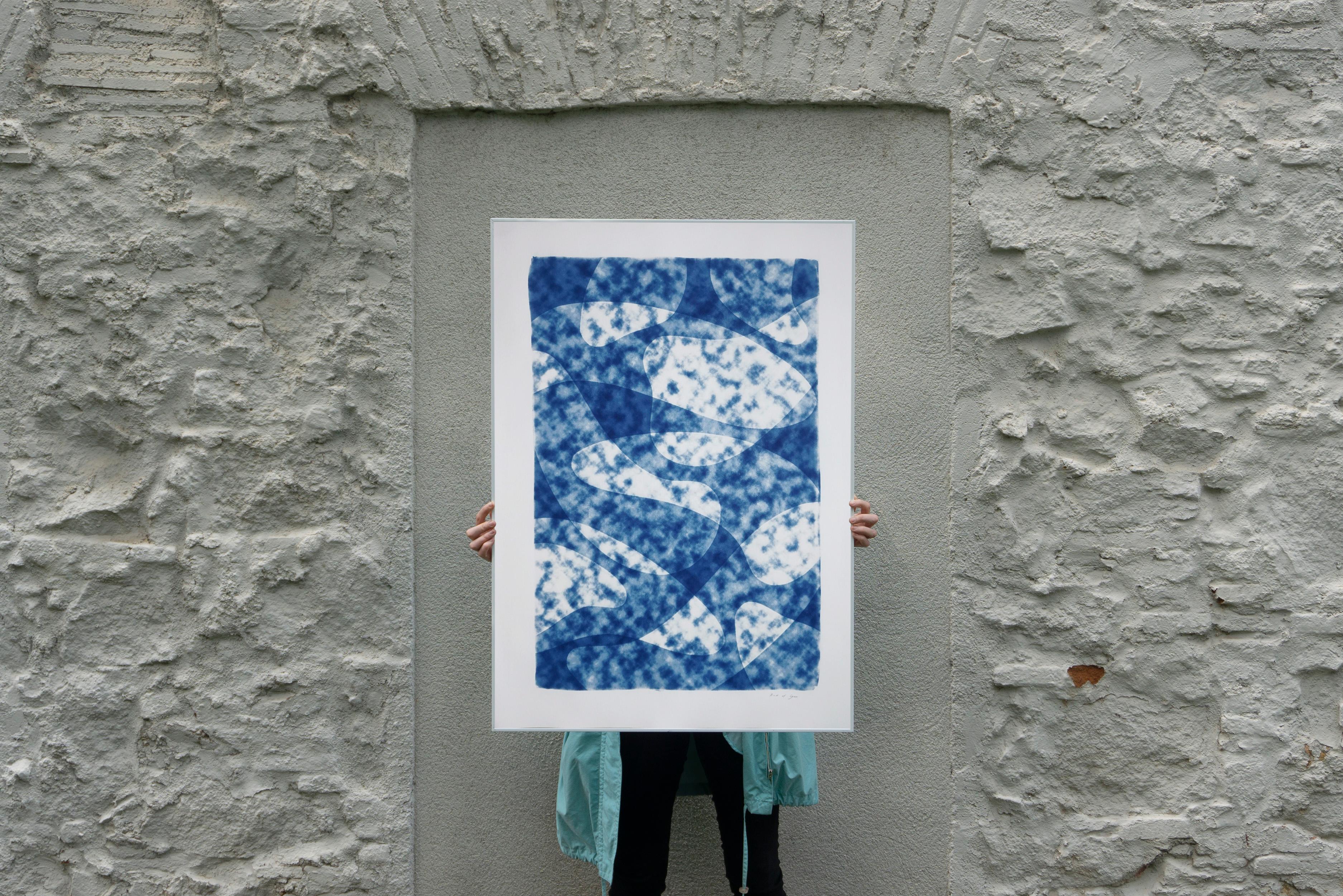Looking Up at The Clouds, Unique Monotype in Blue Tones, Avant-Garde Shapes  3
