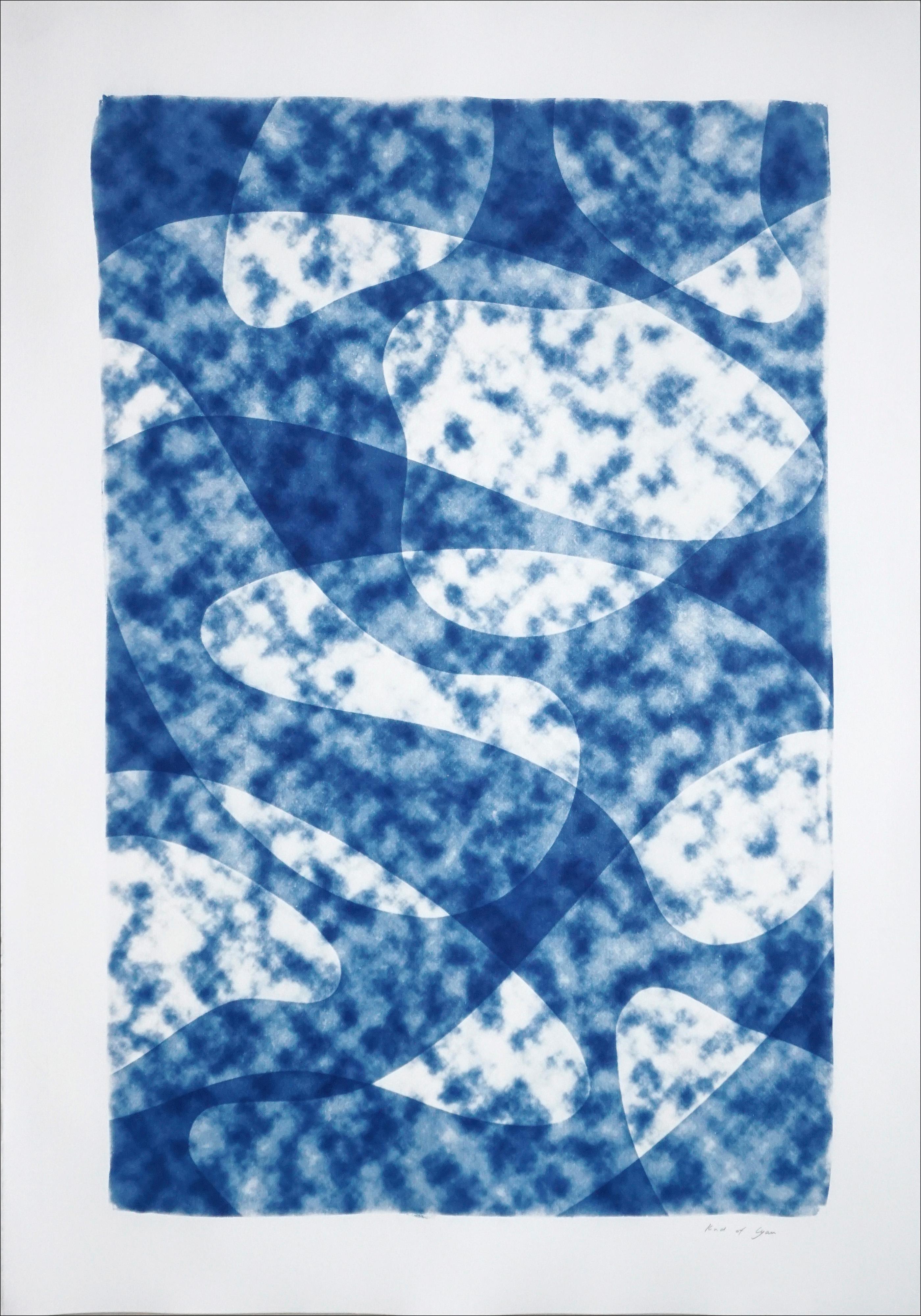 Looking Up at The Clouds, Unique Monotype in Blue Tones, Avant-Garde Shapes 