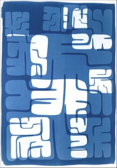 Mayan Maze, Cutout Cyanotype Print in Deep Blue and White, Ancient Badges Style